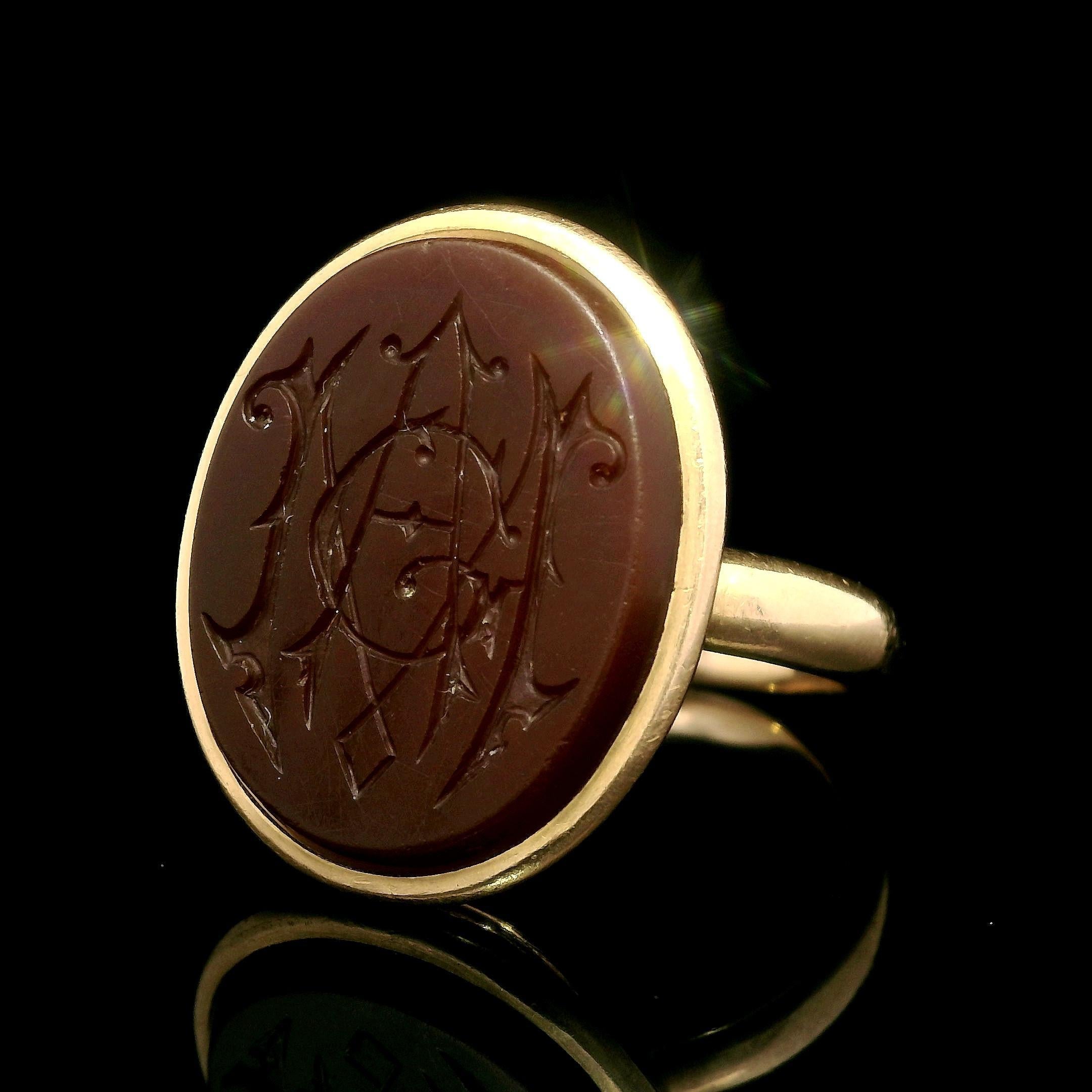 Antique Victorian Rose Gold Oval Carved Carnelian MAG Seal Signet Ring 2