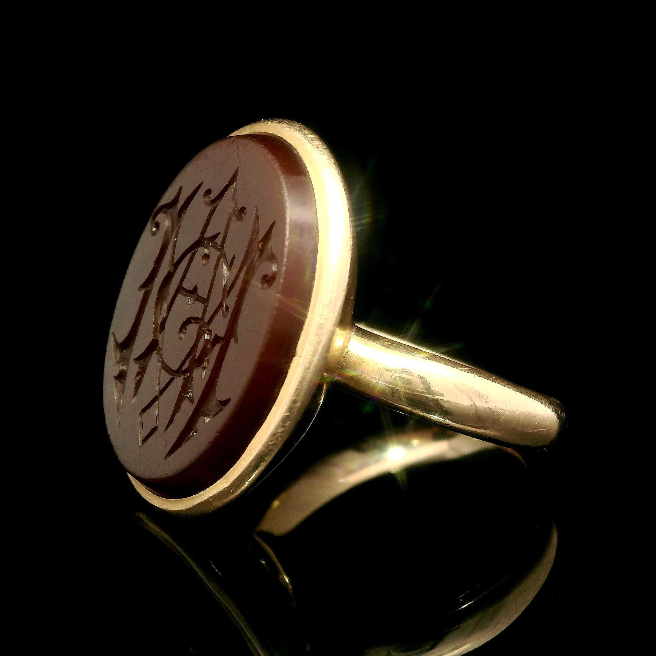 Antique Victorian Rose Gold Oval Carved Carnelian MAG Seal Signet Ring 3