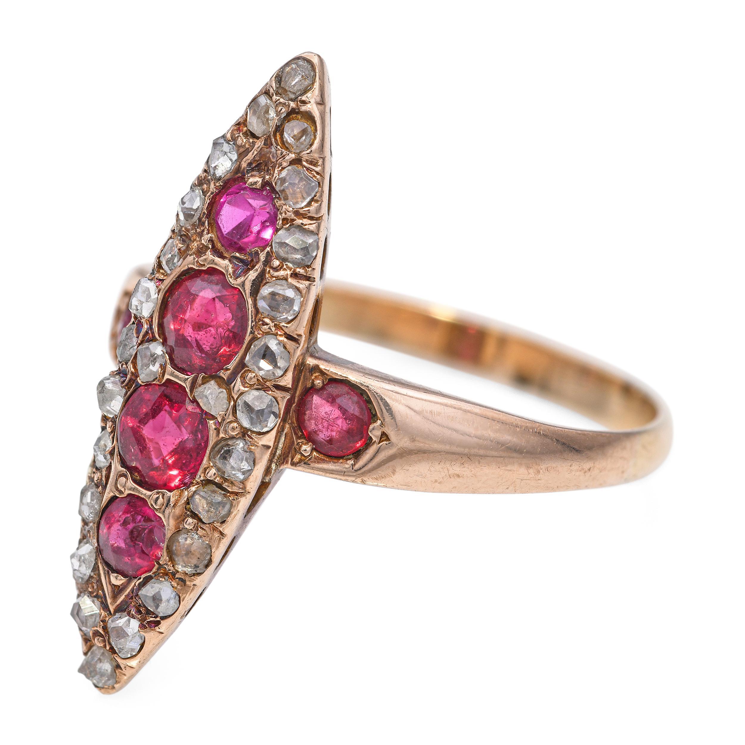 Antique Victorian Rose Gold Ruby and Rose Cut Diamond Navette Ring In Good Condition For Sale In New York, NY