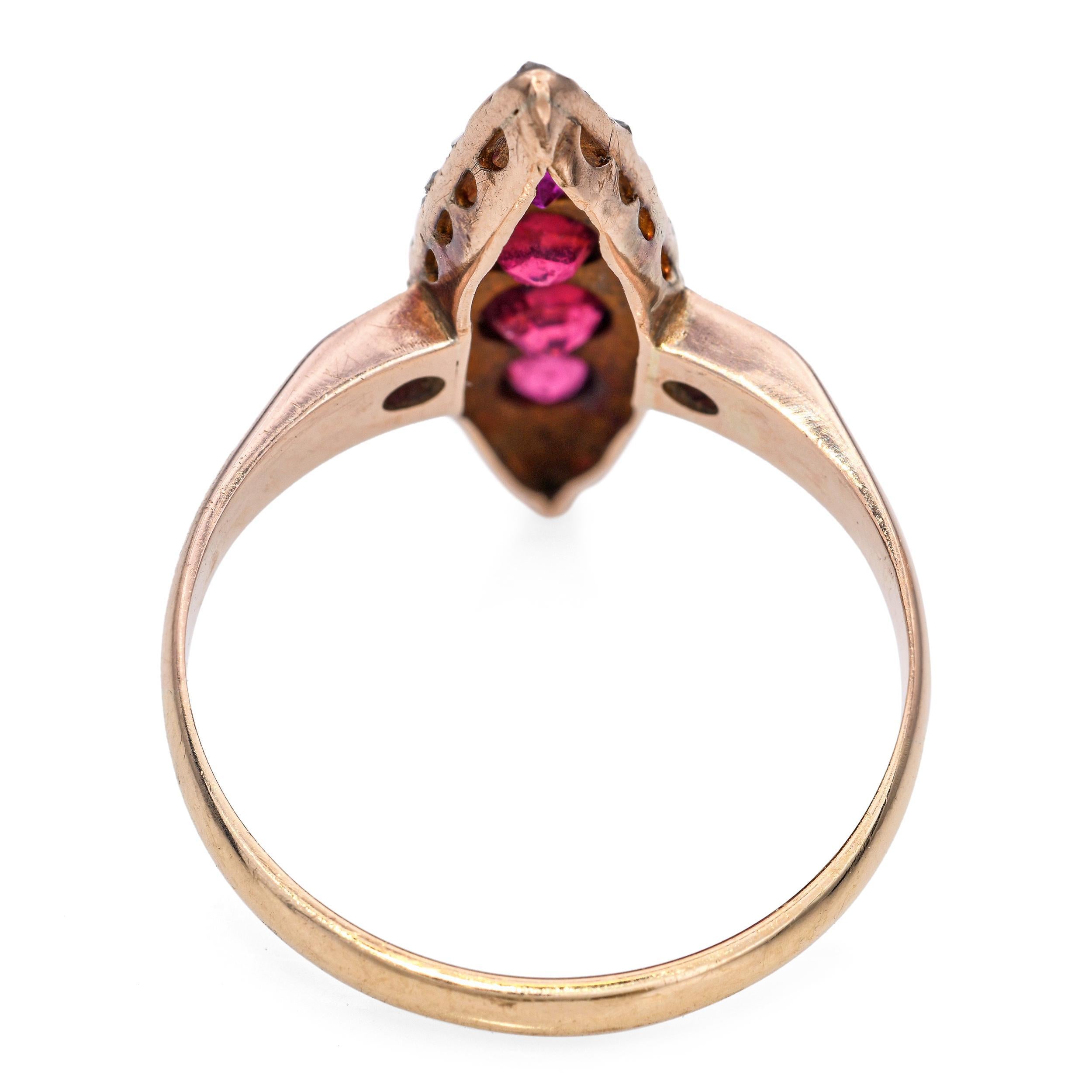Women's Antique Victorian Rose Gold Ruby and Rose Cut Diamond Navette Ring For Sale