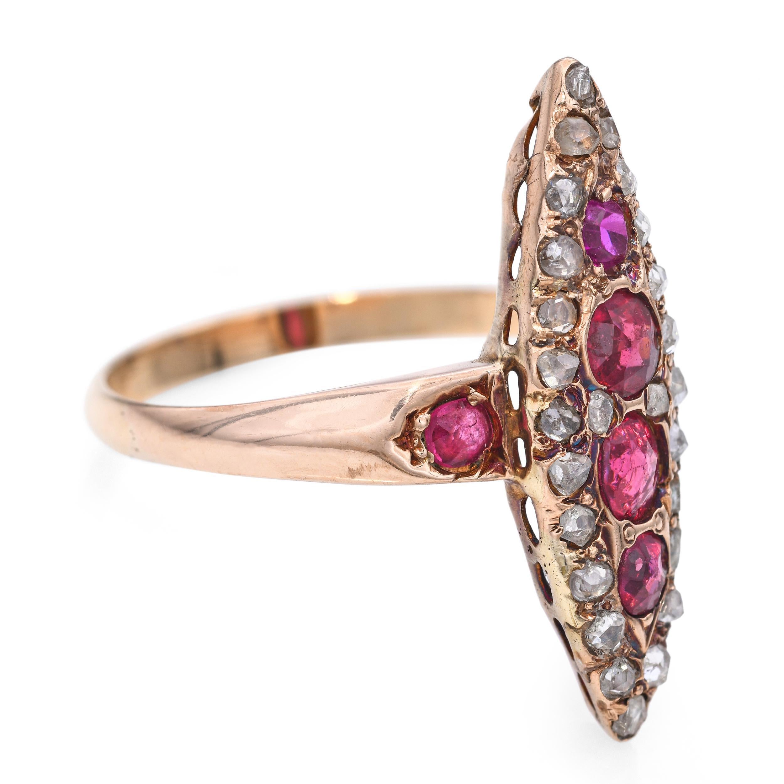 Antique Victorian Rose Gold Ruby and Rose Cut Diamond Navette Ring For Sale 1