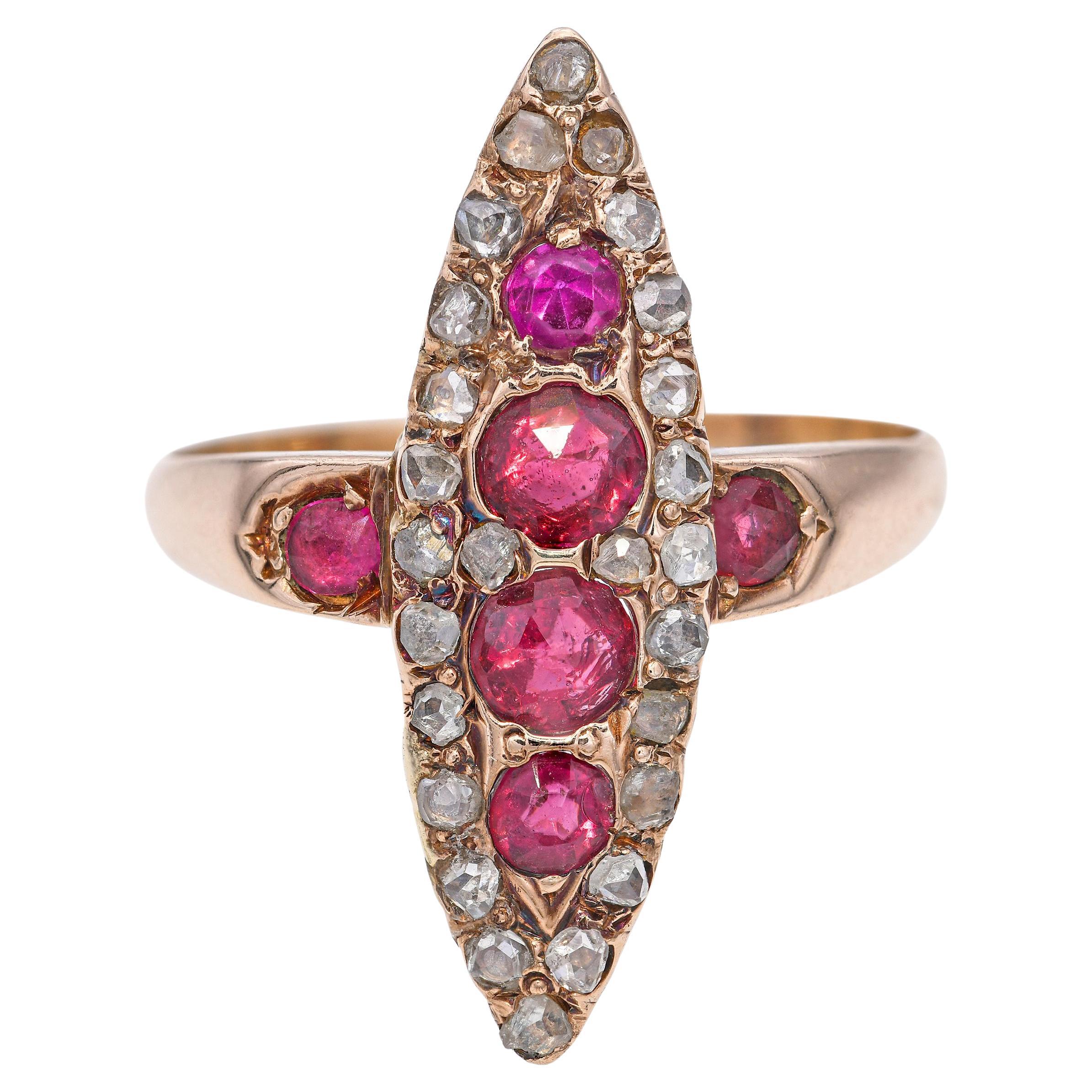 Antique Victorian Rose Gold Ruby and Rose Cut Diamond Navette Ring For Sale