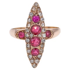 Antique Victorian Rose Gold Ruby and Rose Cut Diamond Navette Ring