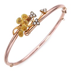 Antique Victorian Rose Gold with Yellow Gold Seed Pearl Flower Hinged Bracelet