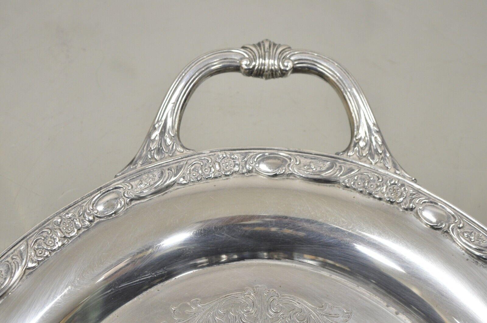 20th Century Antique Victorian Rose WM Rogers & Son Oval Silver Plated Platter Tray For Sale