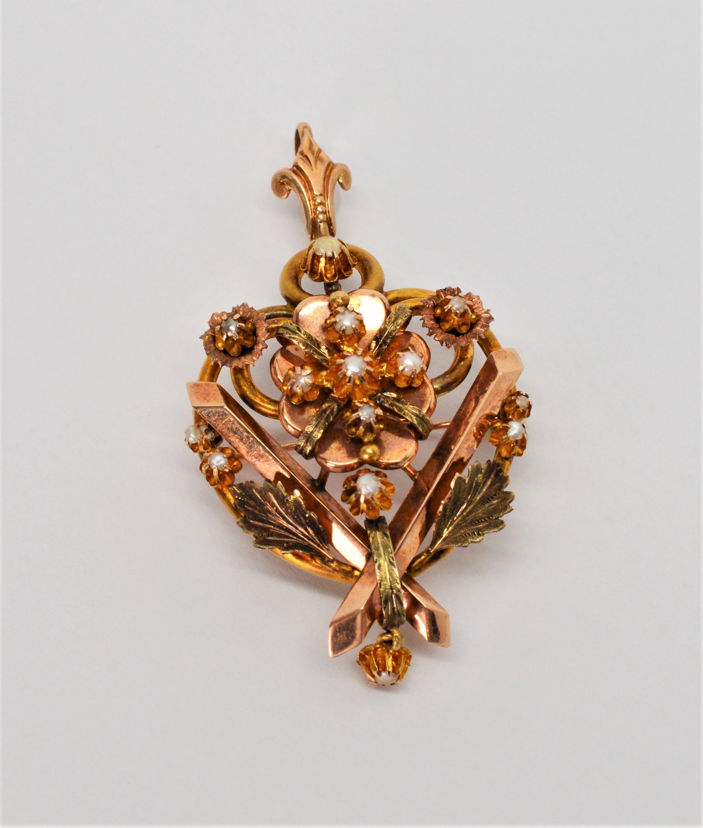 Round Cut Antique Victorian Rose Yellow Gold Crest Brooch Pin Pendant with Pearl Accents For Sale