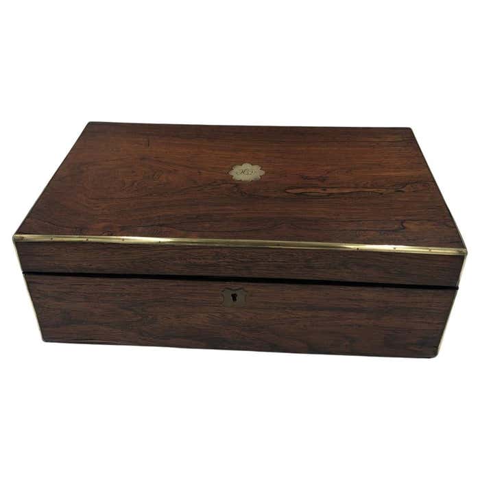 Writing Box Table Antique Victorian Rosewood Brass Bound Writing Box For Sale at 1stDibs