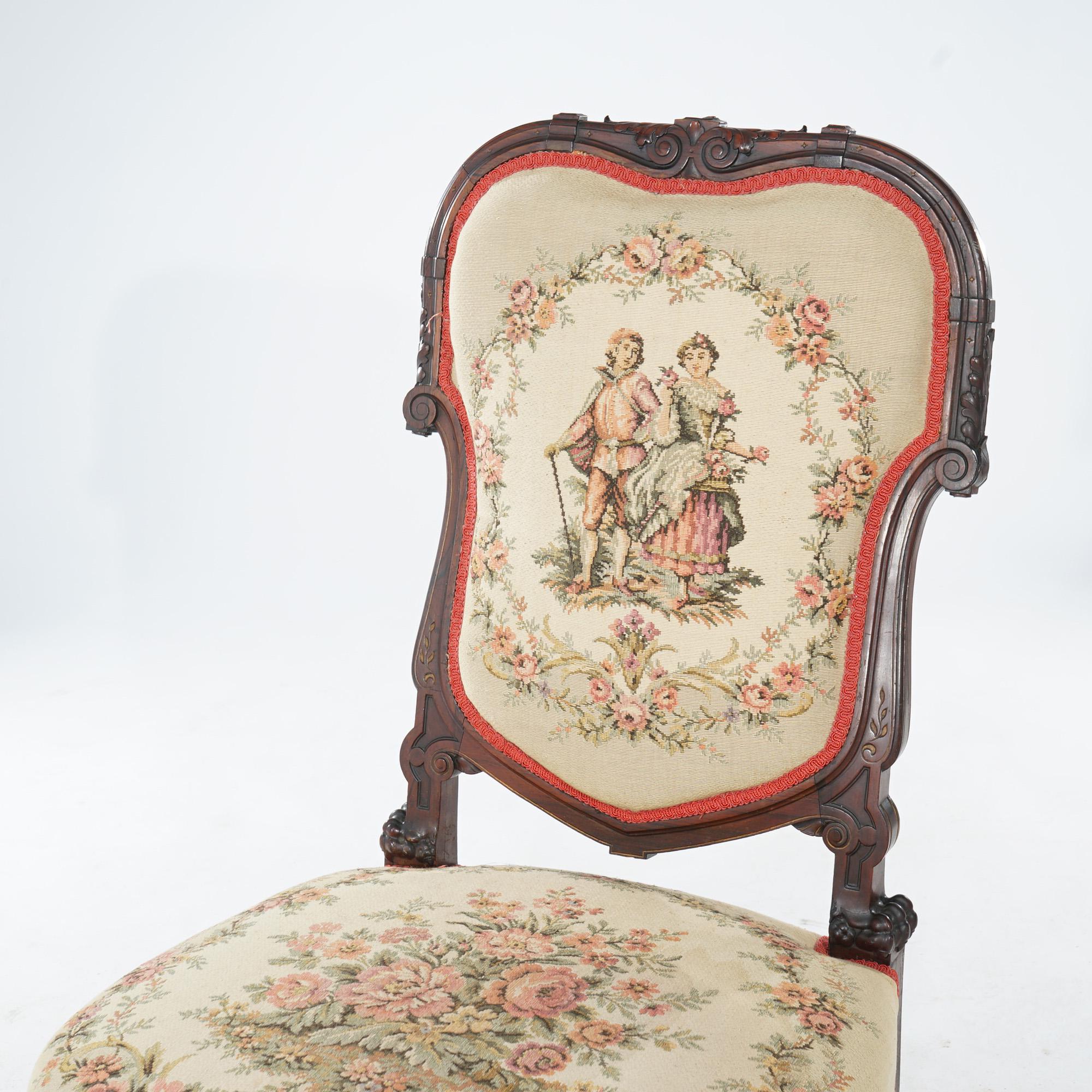 Antique Victorian Rosewood & Gilt Incised Tapestry Slipper Chair, 19th Century 5