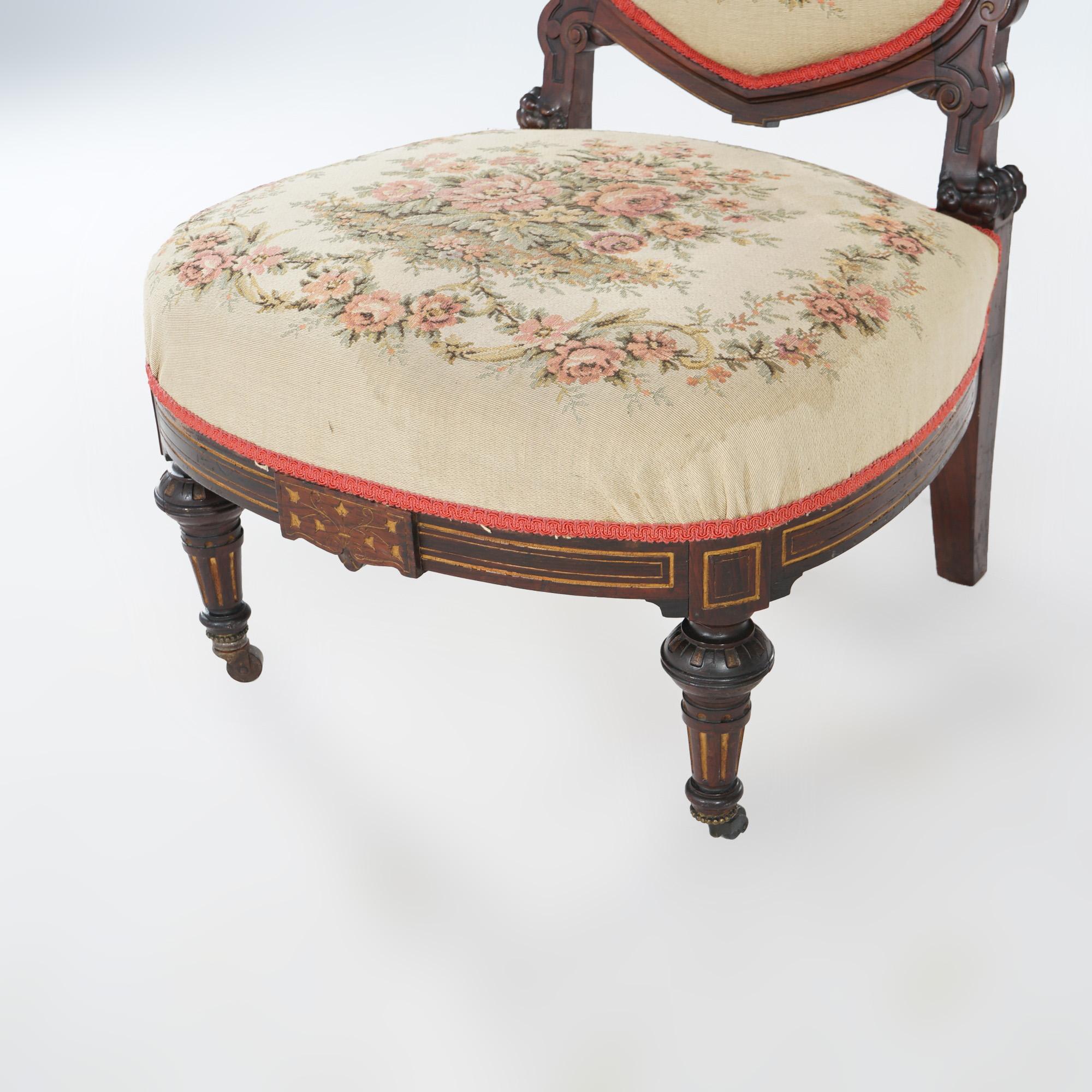 Antique Victorian Rosewood & Gilt Incised Tapestry Slipper Chair, 19th Century 6