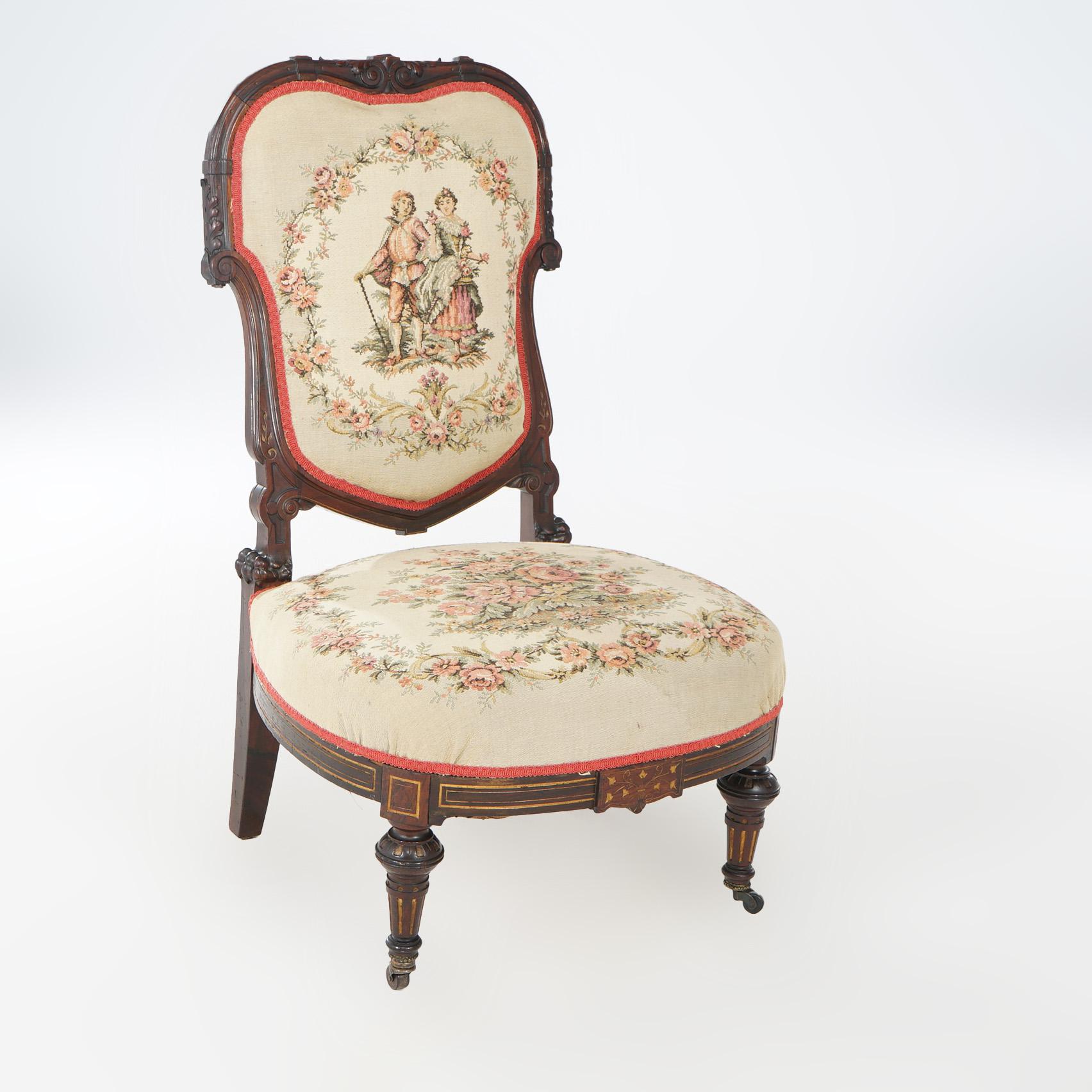 Renaissance Revival Antique Victorian Rosewood & Gilt Incised Tapestry Slipper Chair, 19th Century