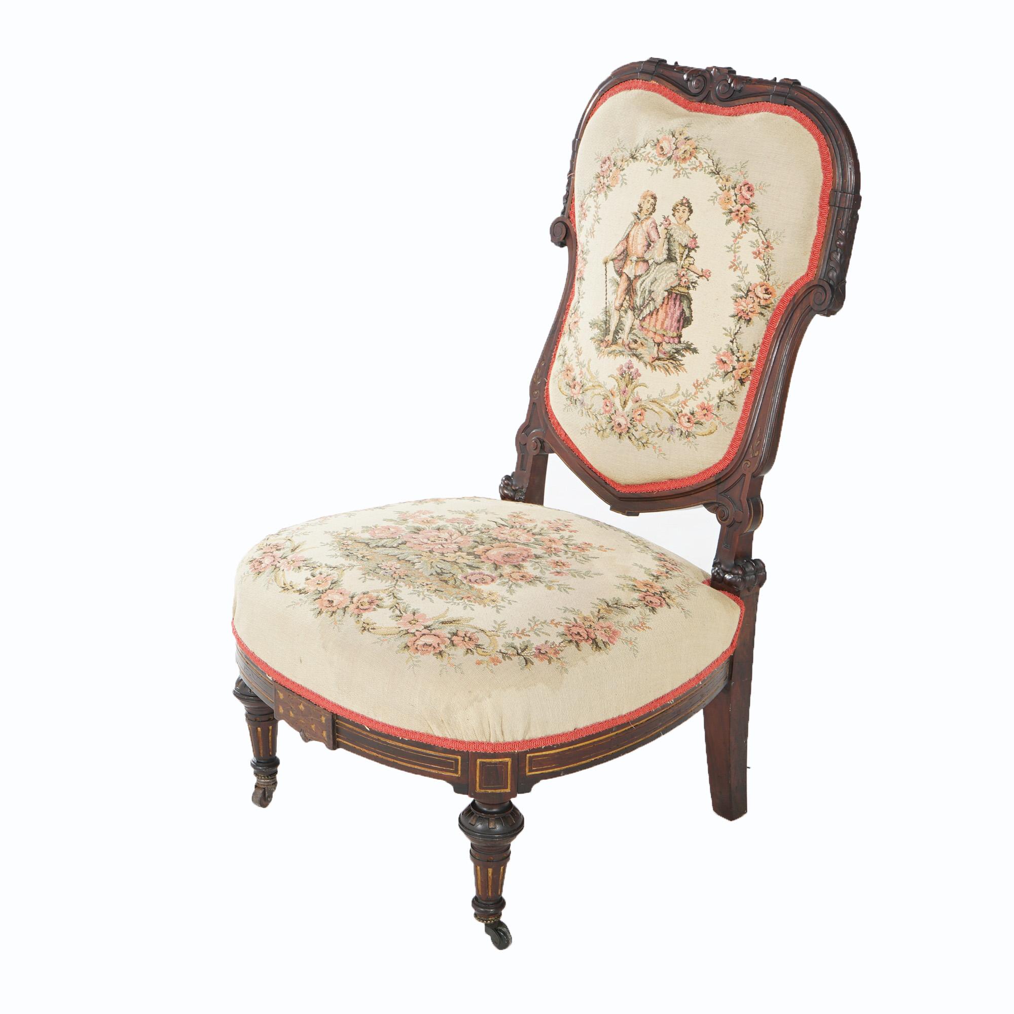 American Antique Victorian Rosewood & Gilt Incised Tapestry Slipper Chair, 19th Century