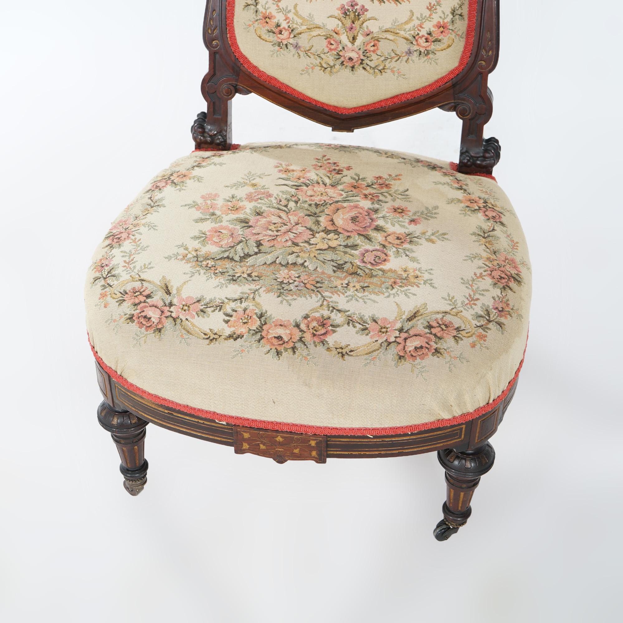 Carved Antique Victorian Rosewood & Gilt Incised Tapestry Slipper Chair, 19th Century