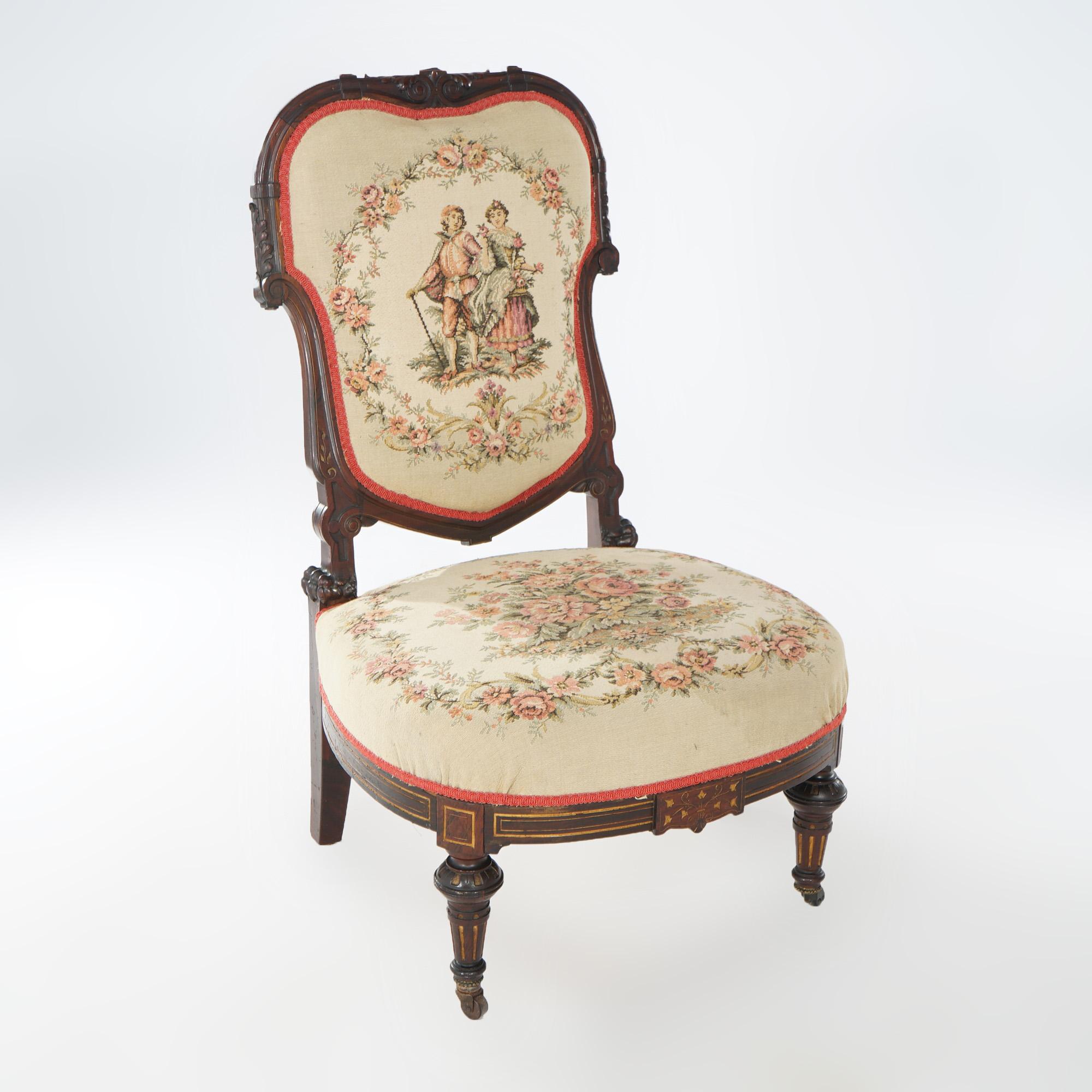 Antique Victorian Rosewood & Gilt Incised Tapestry Slipper Chair, 19th Century 2