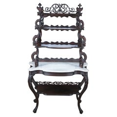 Antique Victorian Rosewood Marble Rococo Tiered Etagere Display Shelf 68"