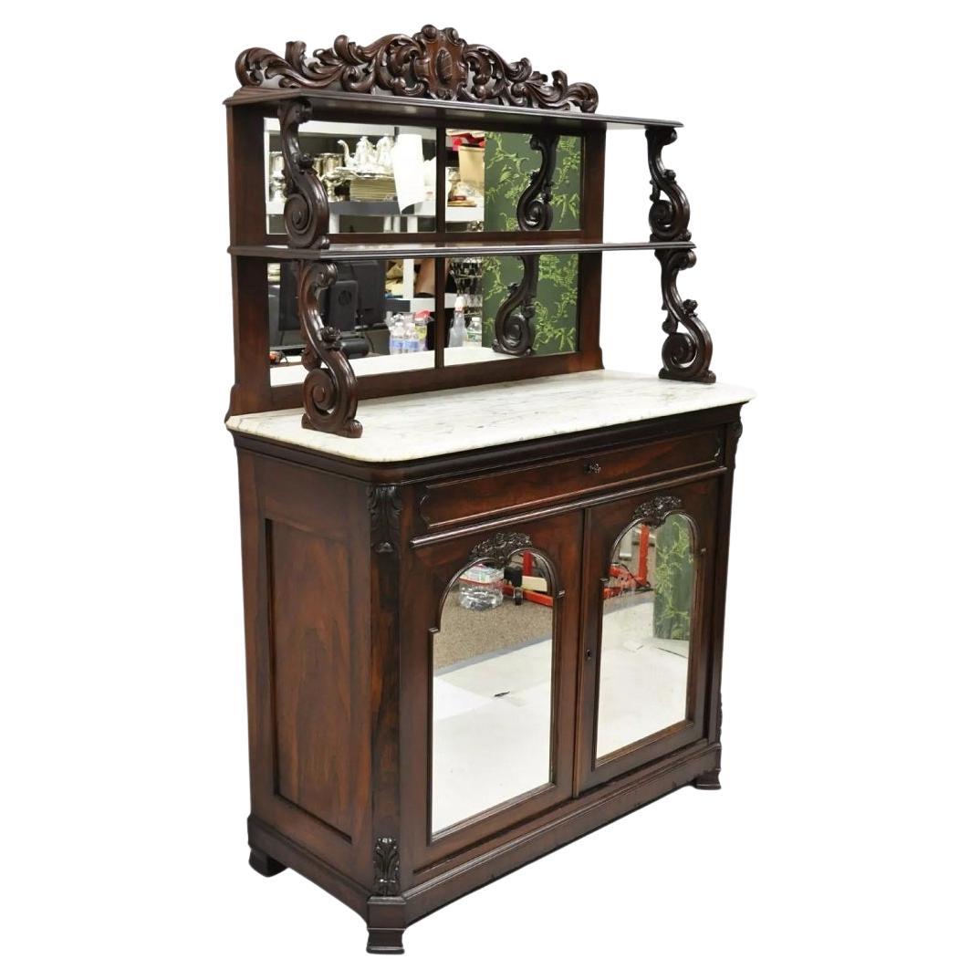 Buffet d'appoint victorien ancien en bois de rose avec miroir sur le dessus en marbre attr. John Jelliff
