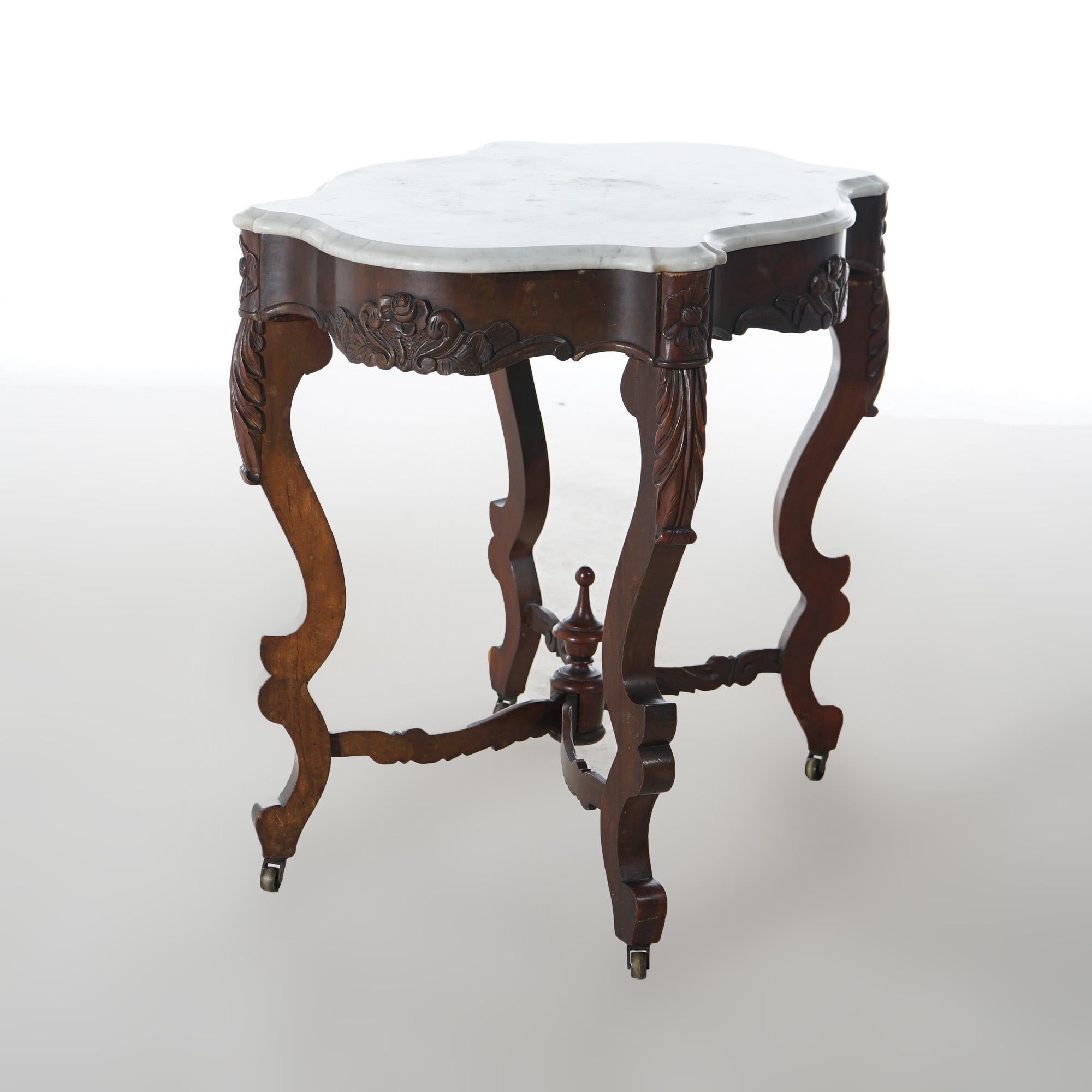 Carved Antique Victorian Rosewood & Marble Turtle Top Parlor Table C1890 For Sale