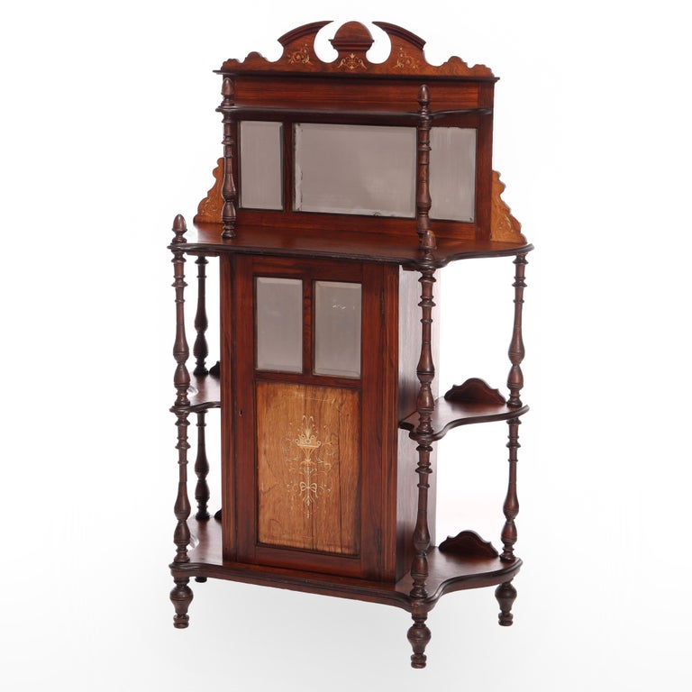 Antique Victorian Rosewood Mirrored Etagere with Boxwood Inlay, c1890