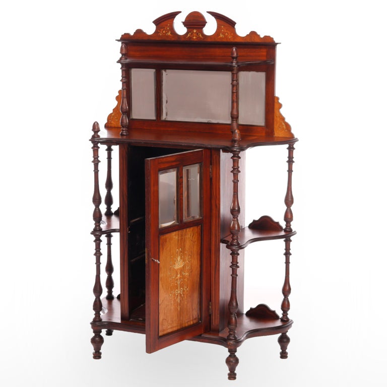 Antique Victorian Rosewood Mirrored Etagere with Boxwood Inlay, c1890