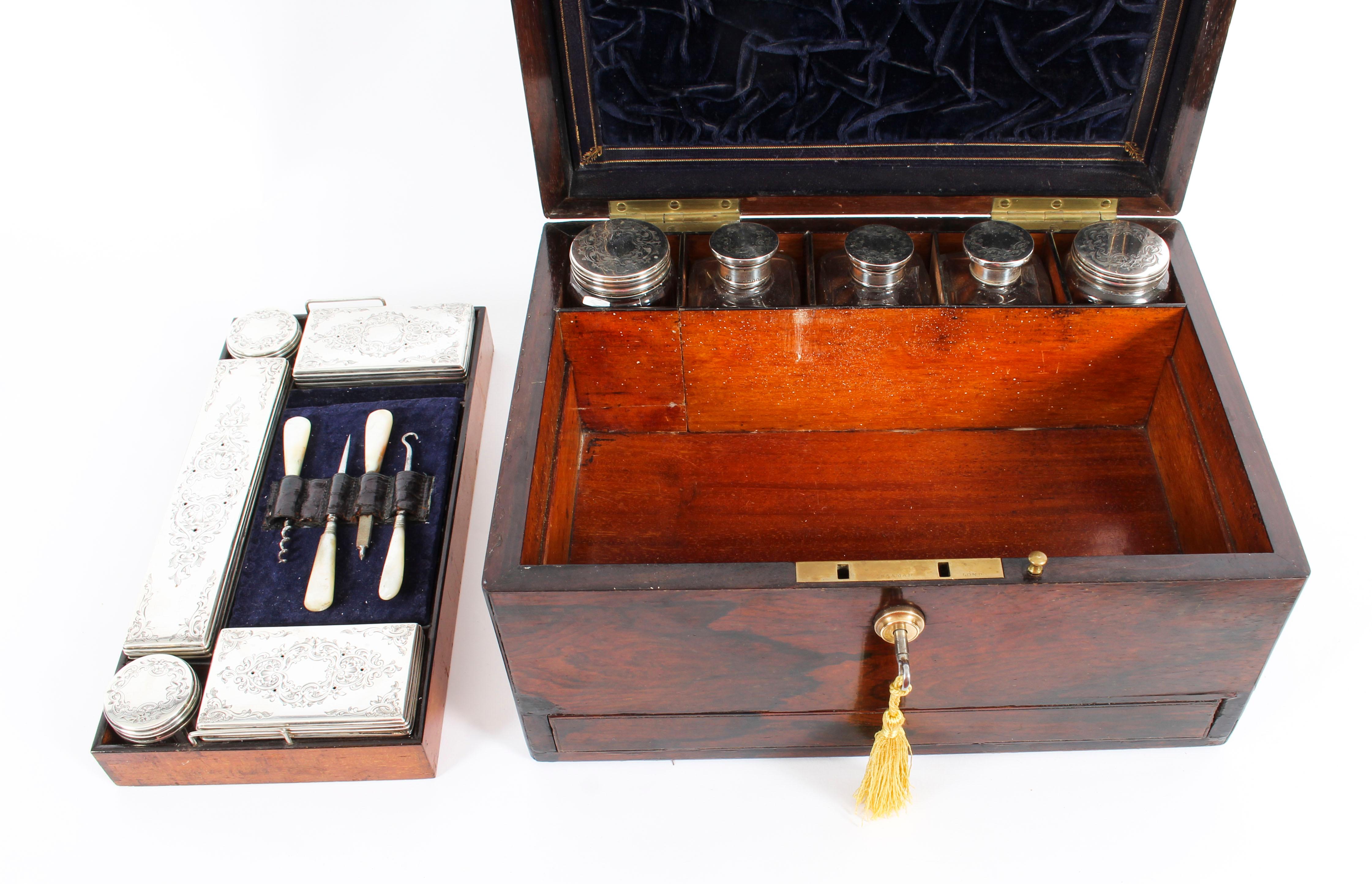 Victorian Rosewood & Sterling Silver Travelling Dressing Case 1861, 19th Century 9