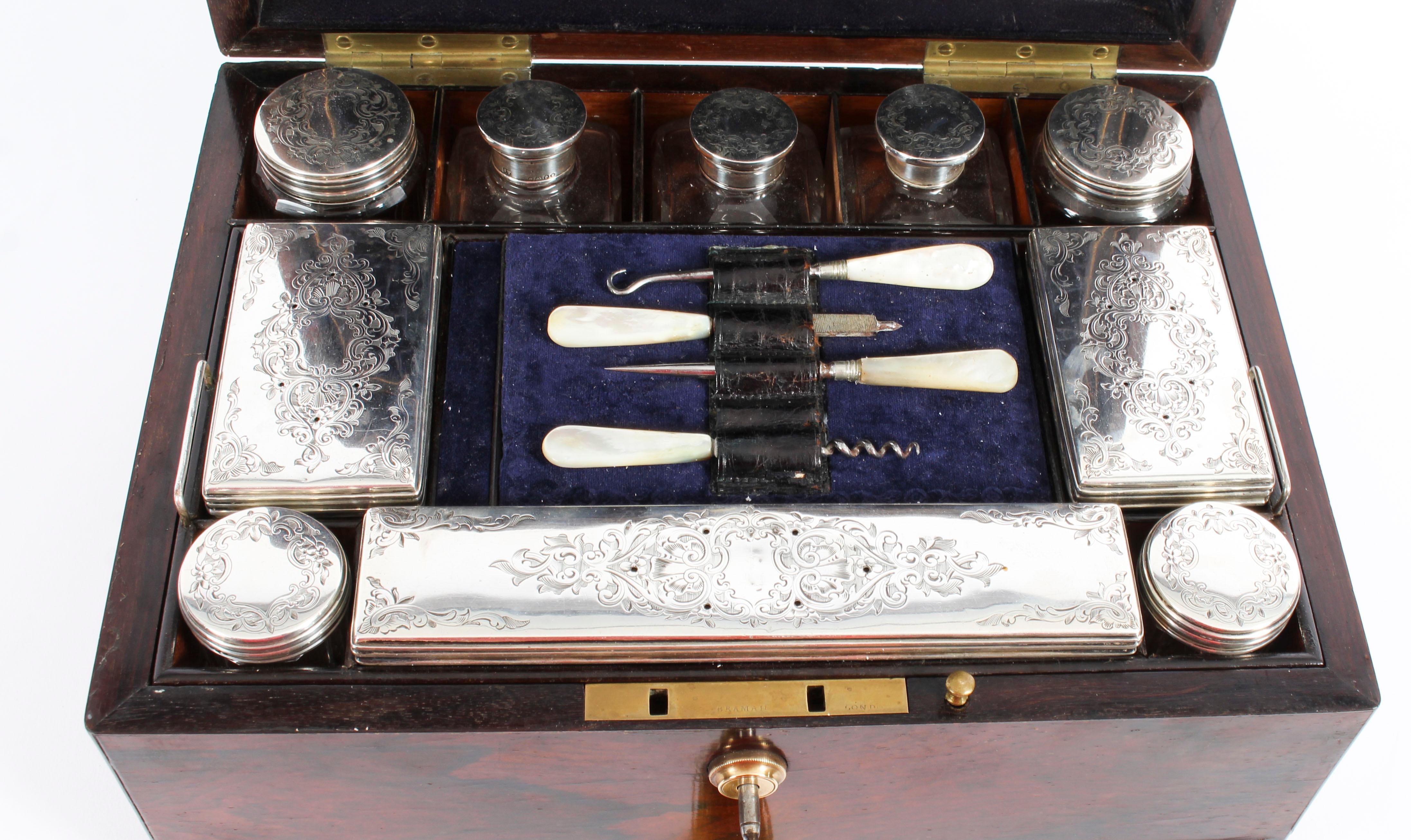 Victorian Rosewood & Sterling Silver Travelling Dressing Case 1861, 19th Century 13