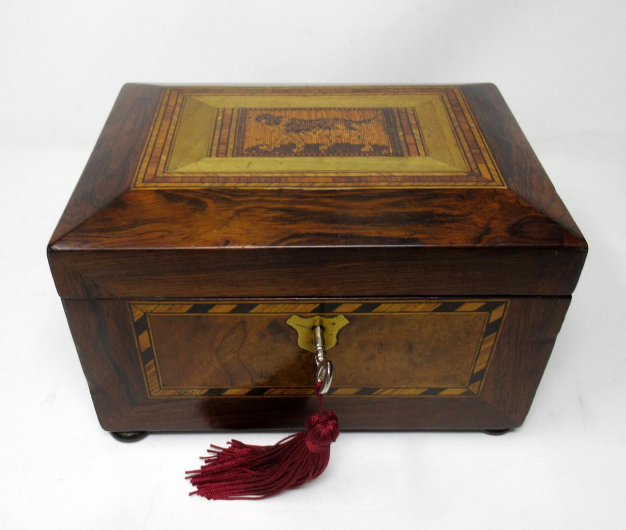 Fine quality Tunbridge ware micro mosiac well figured mahogany early Victorian double tea caddy, with good rich color and patination. Complete with original fitted interior, circa 1850.

The arched hinged lid with a rectangular central reserve