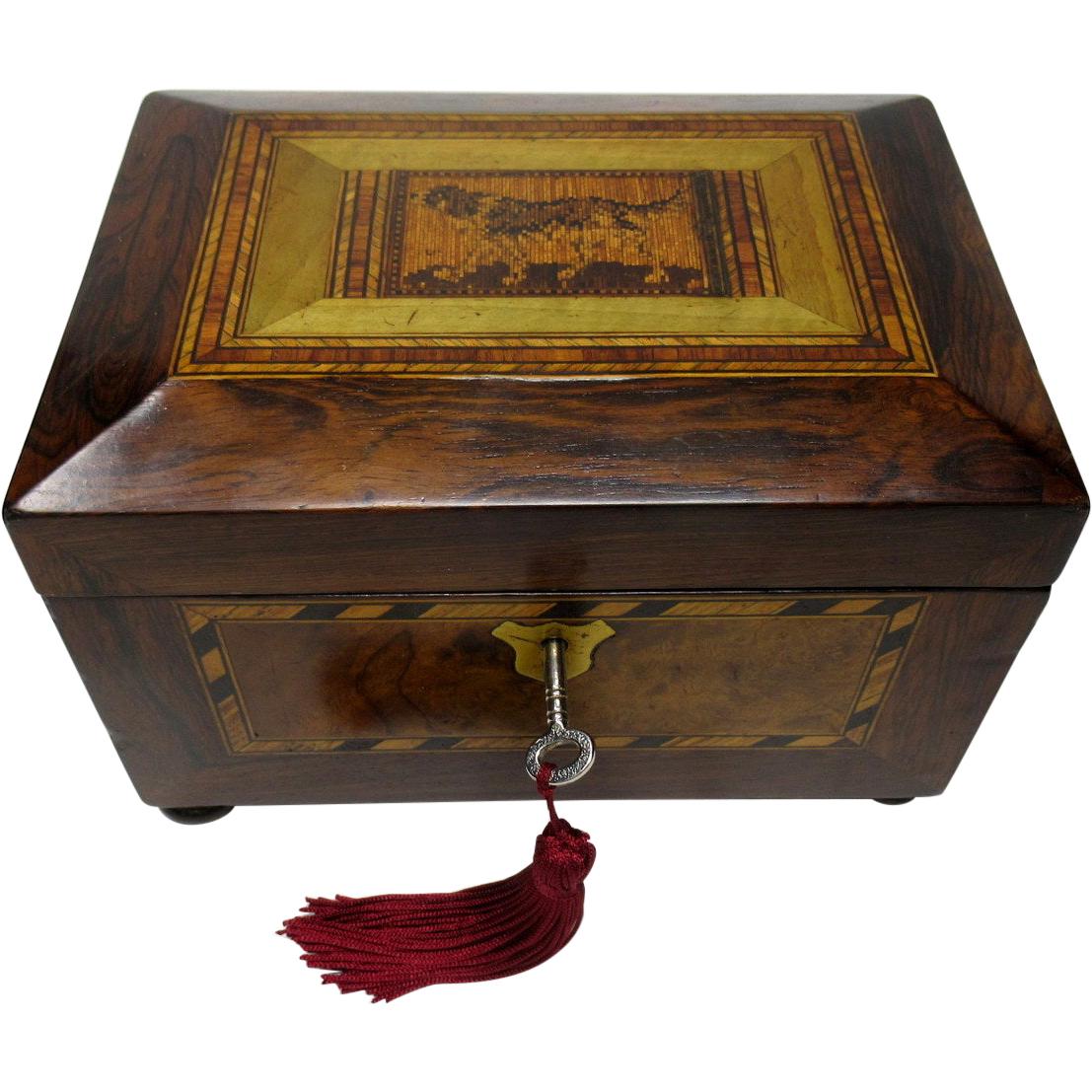 Antique Victorian Mahogany Tunbridge Ware Double Tea Caddy Box, 19th Century