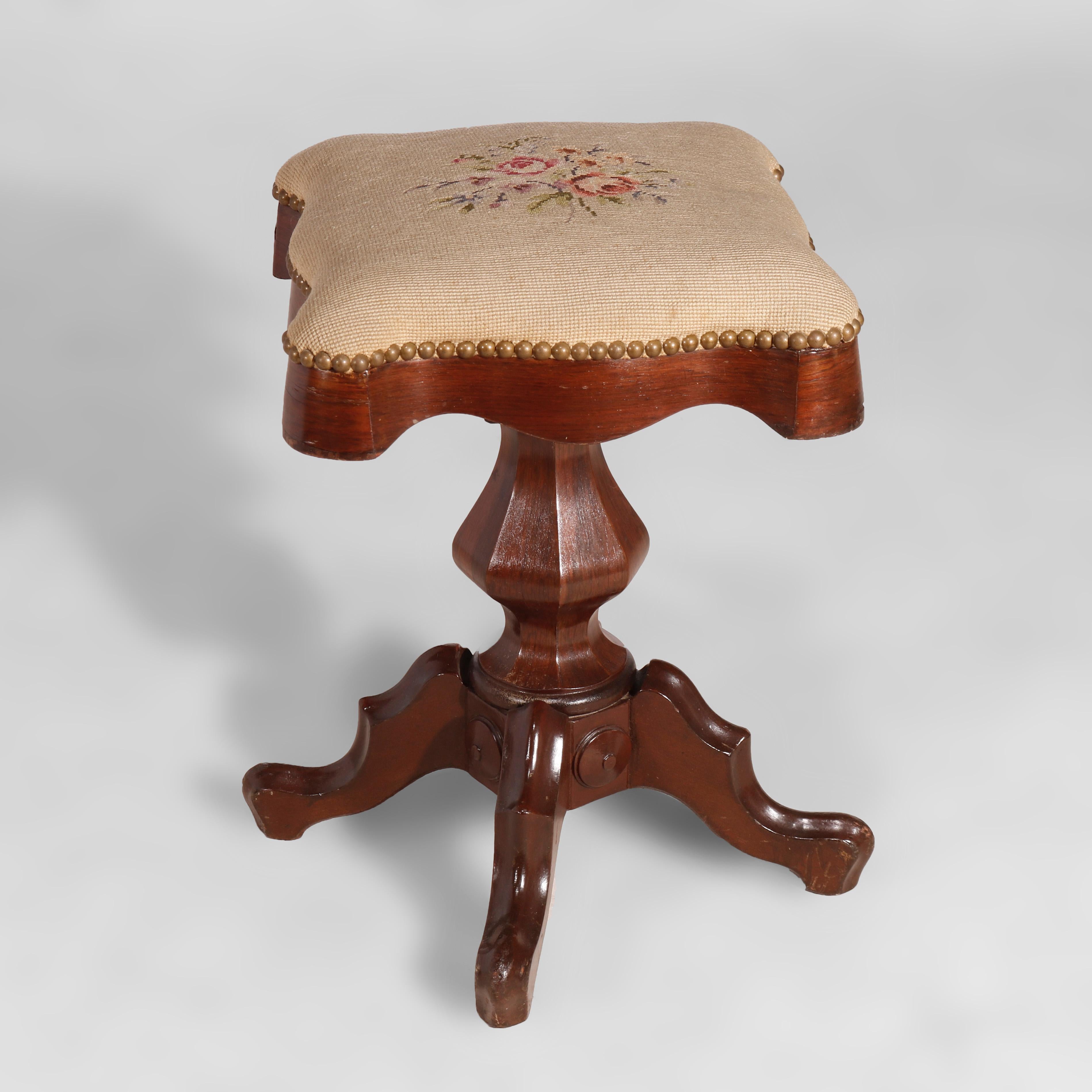 19th Century Antique Victorian Rosewood with Needlepoint Piano Stool, circa 1880
