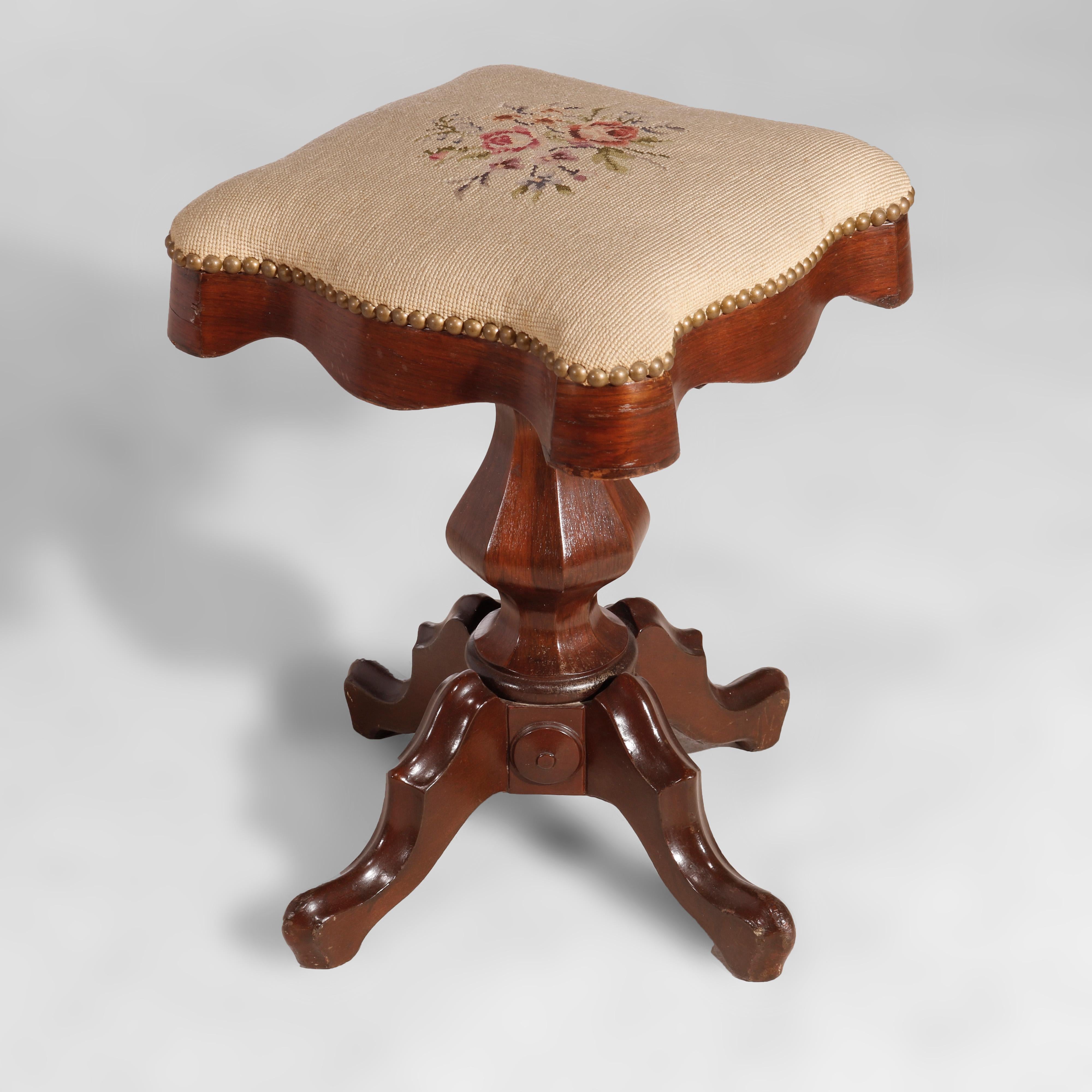 Antique Victorian Rosewood with Needlepoint Piano Stool, circa 1880 3
