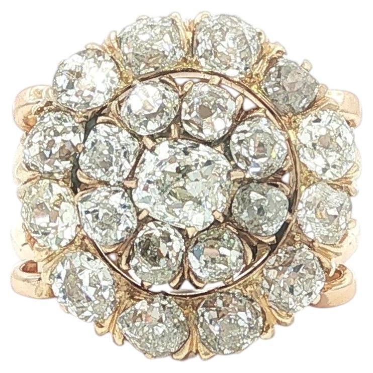 Antique Victorian Rosy Gold 4ctw Old Mine Cut Diamond Cluster Platter Ring For Sale