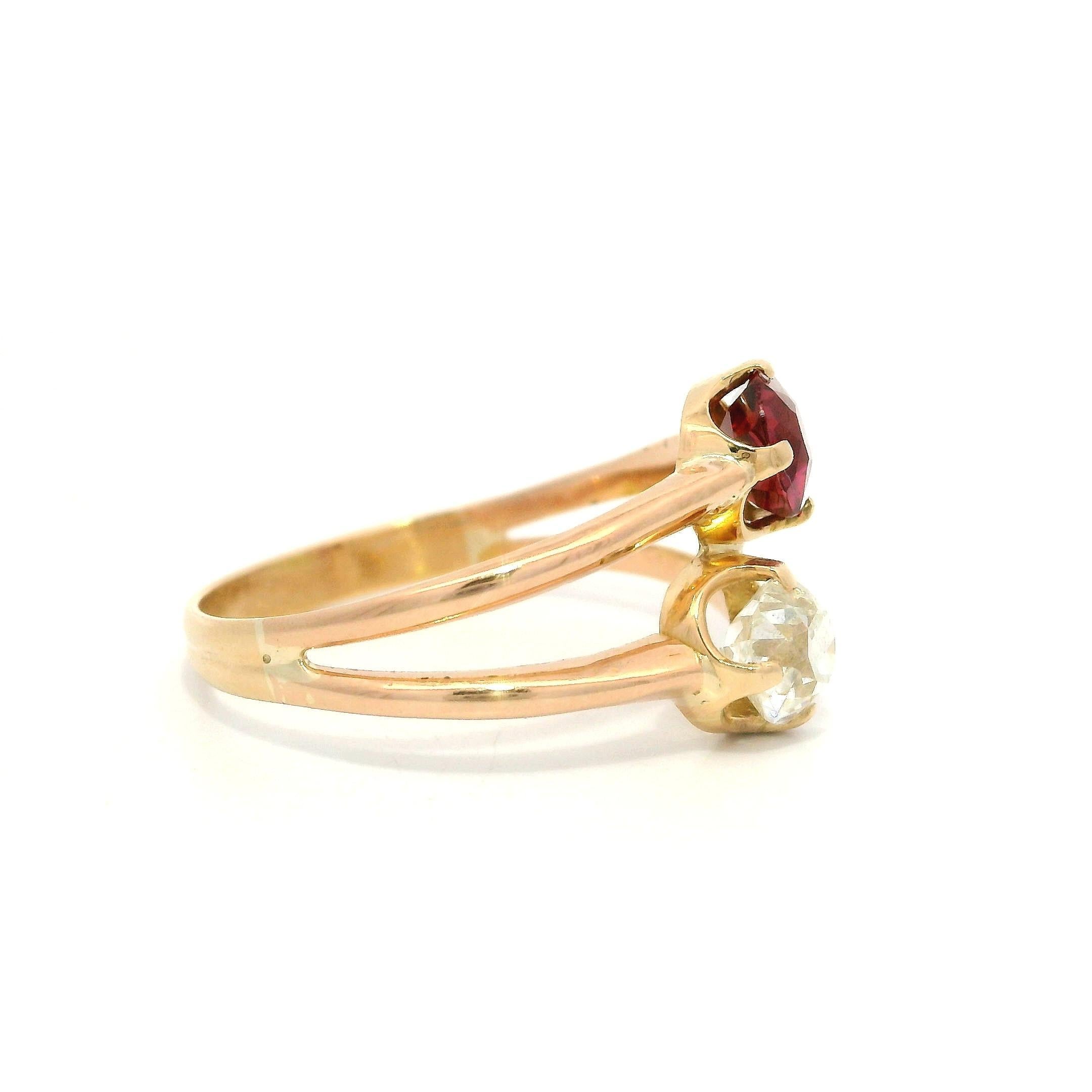 Antique Victorian Rosy Gold AGL No Heat Ruby & GIA Old Mine Diamond Bypass Ring For Sale 5
