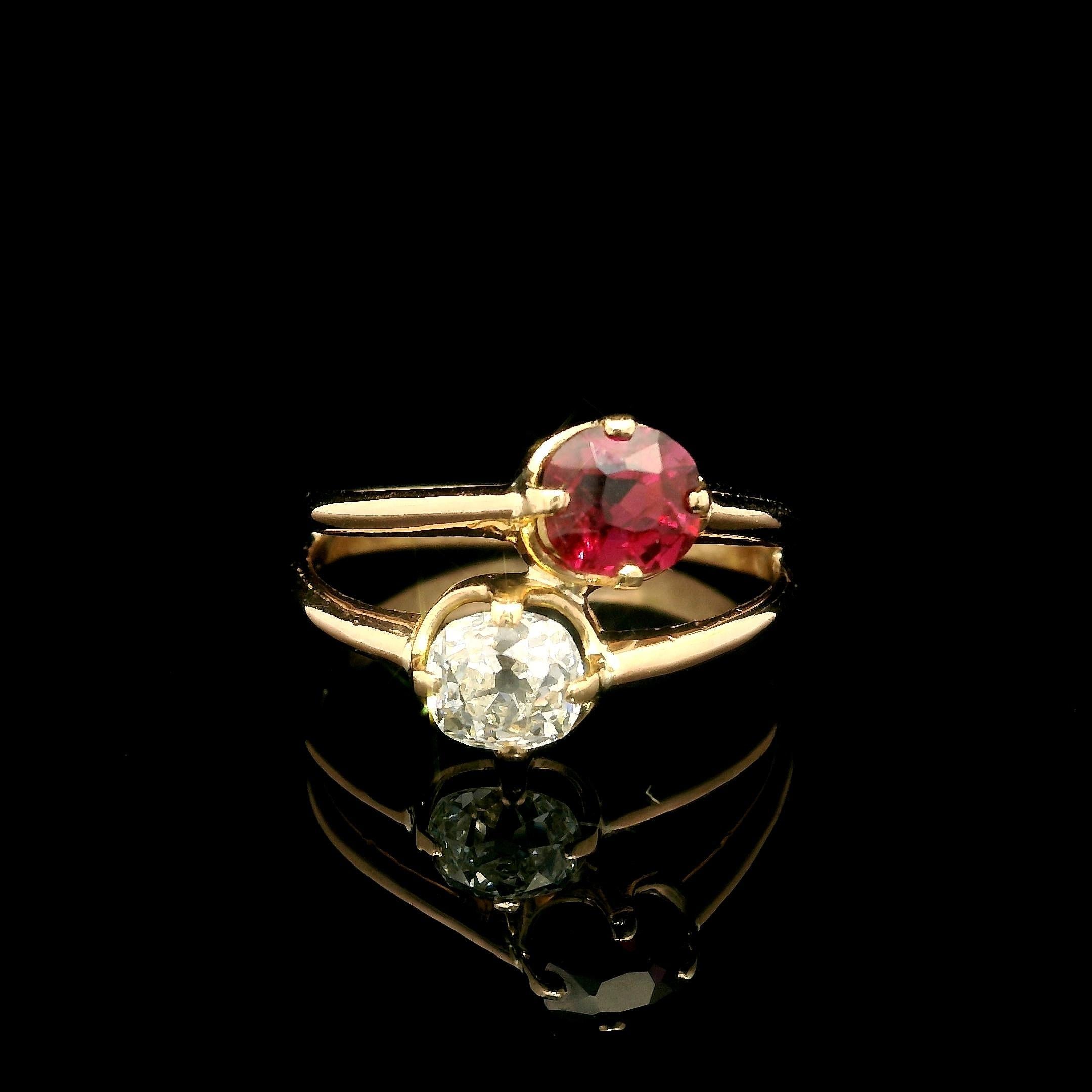 Antique Victorian Rosy Gold AGL No Heat Ruby & GIA Old Mine Diamond Bypass Ring For Sale 6