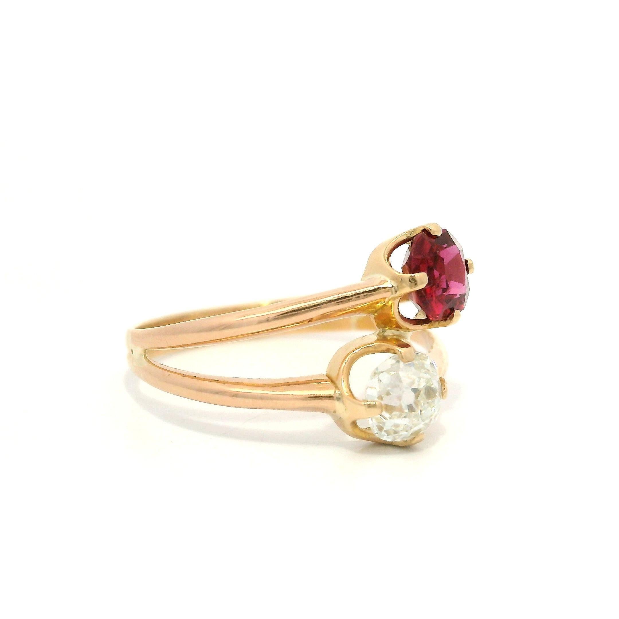 Antique Victorian Rosy Gold AGL No Heat Ruby & GIA Old Mine Diamond Bypass Ring For Sale 8