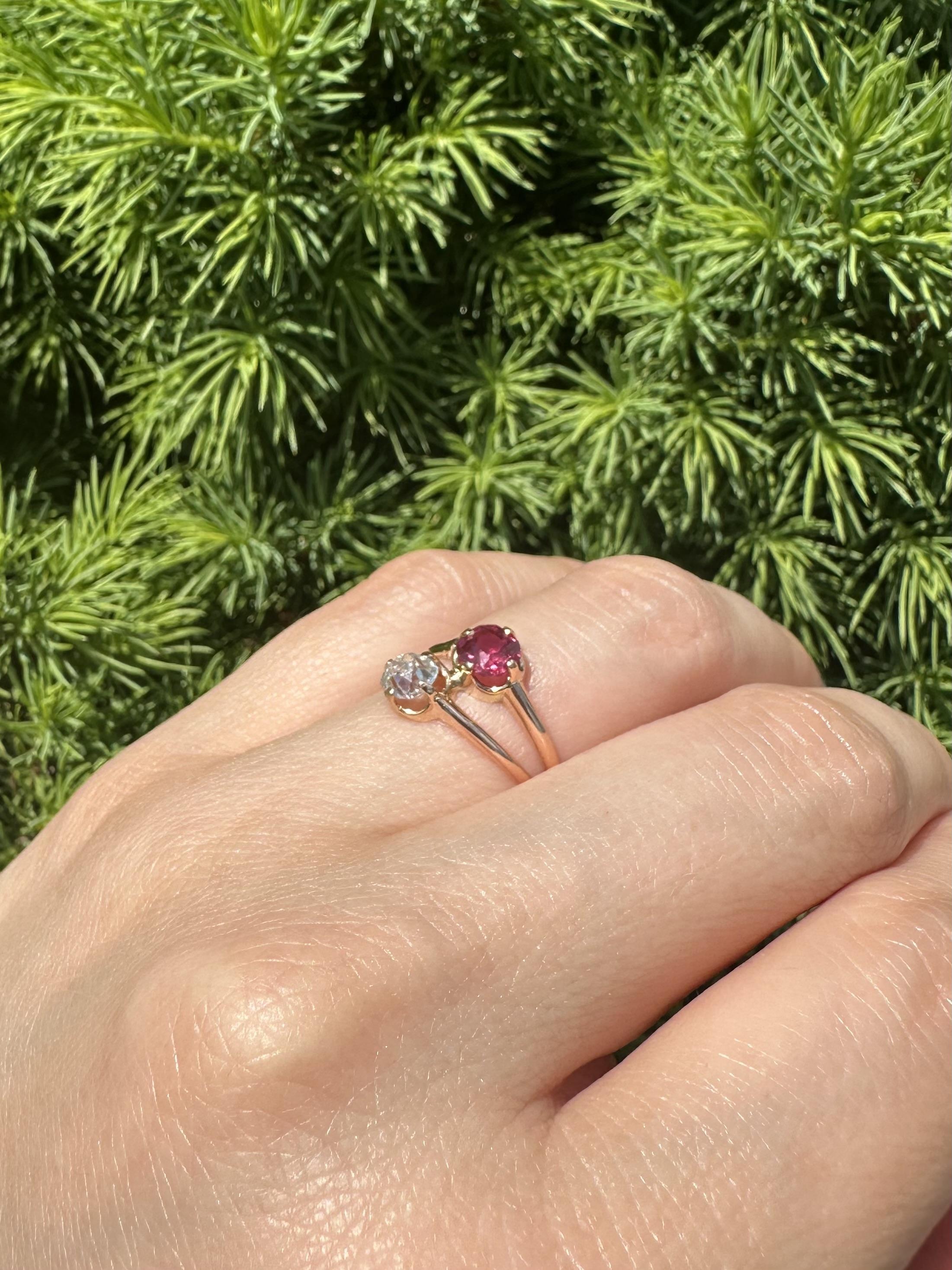Antique Victorian Rosy Gold AGL No Heat Ruby & GIA Old Mine Diamond Bypass Ring In Good Condition For Sale In Montclair, NJ