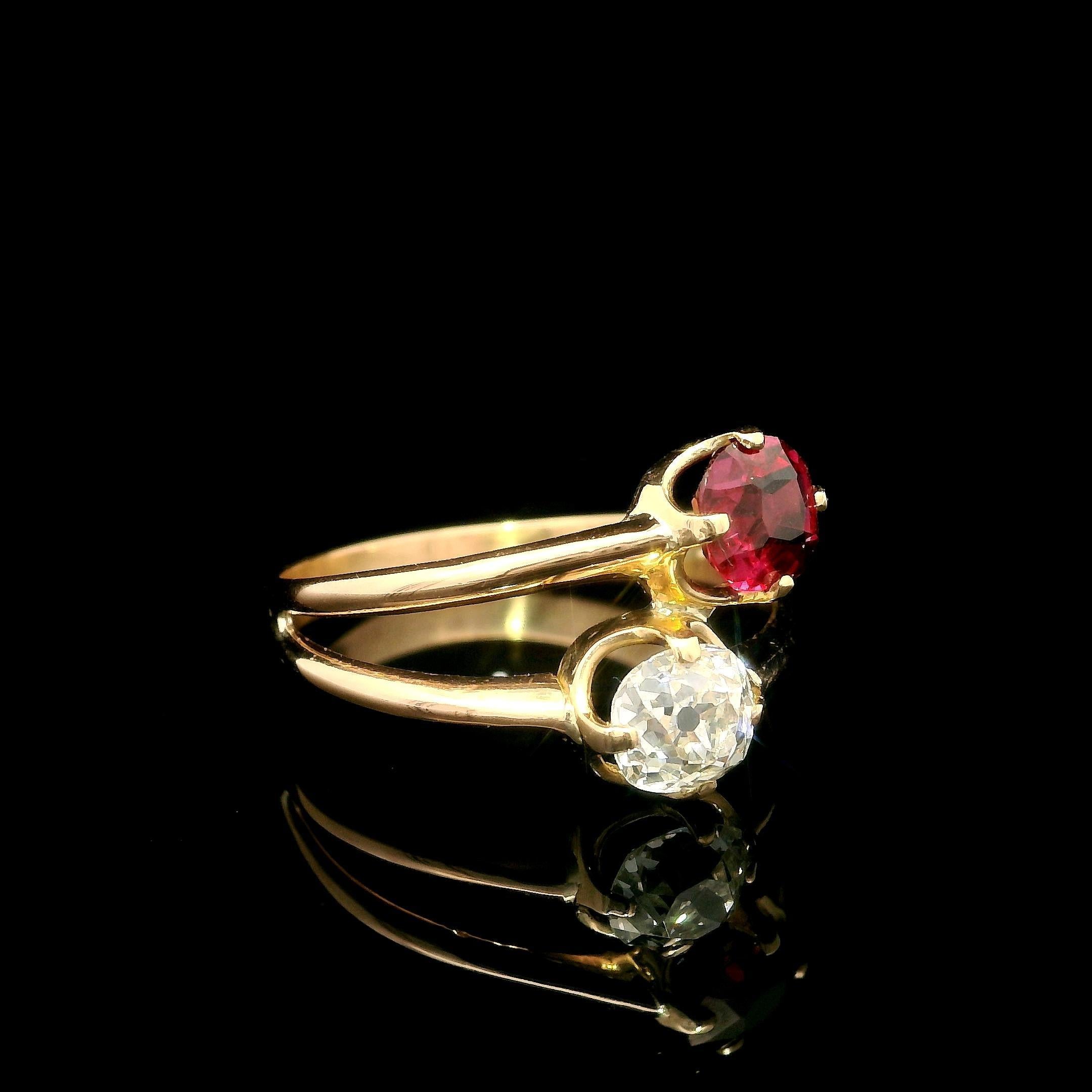 Women's Antique Victorian Rosy Gold AGL No Heat Ruby & GIA Old Mine Diamond Bypass Ring For Sale