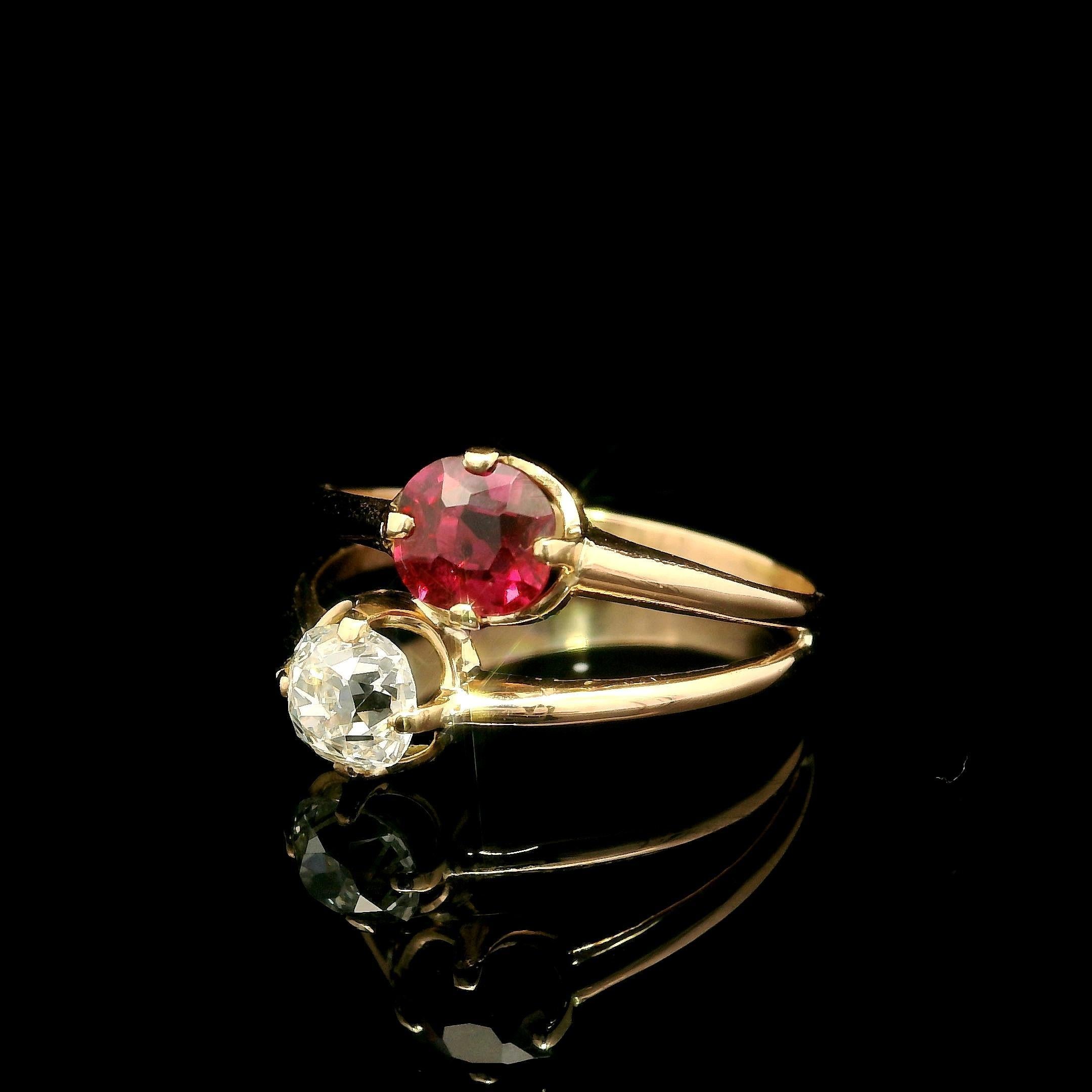 Antique Victorian Rosy Gold AGL No Heat Ruby & GIA Old Mine Diamond Bypass Ring For Sale 1