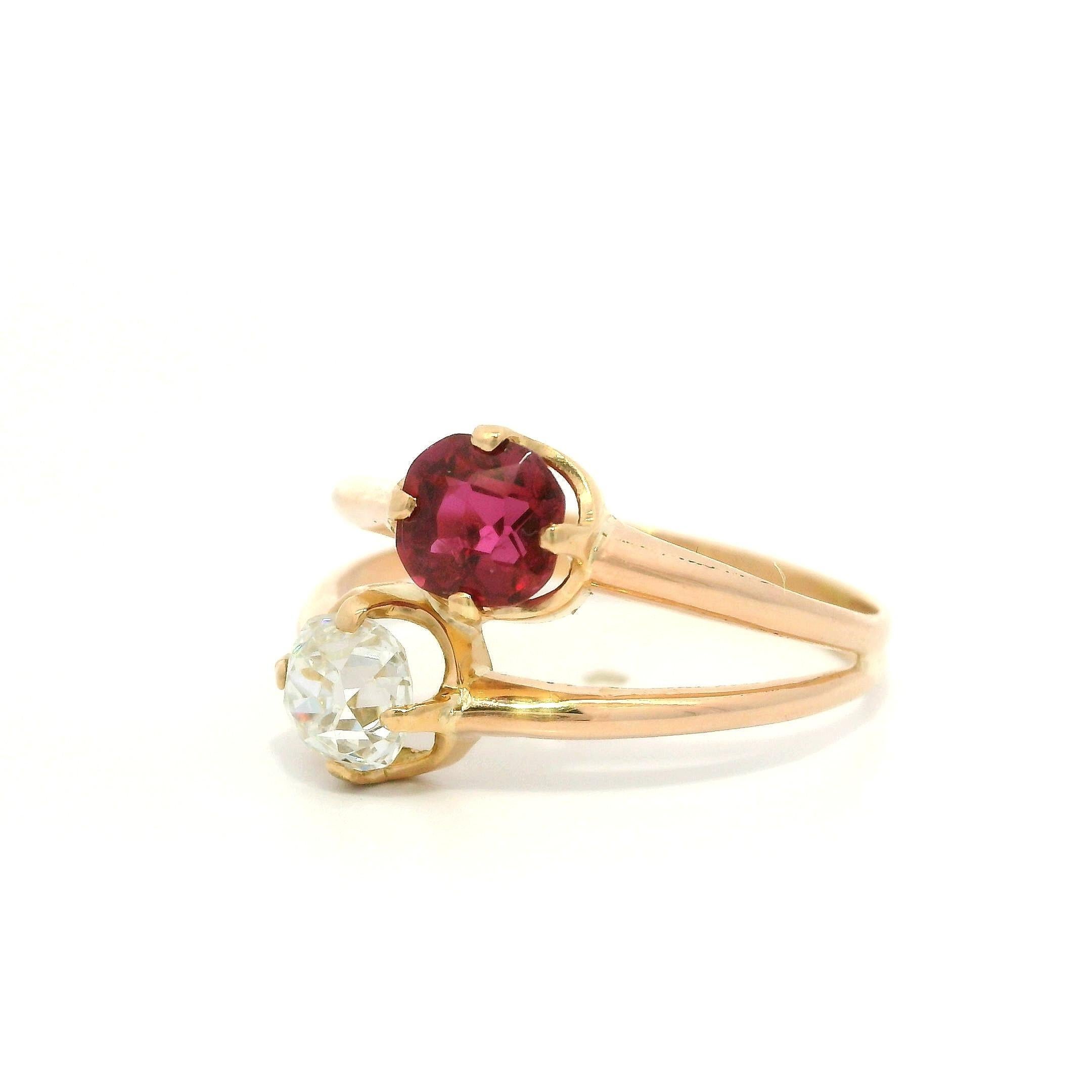 Antique Victorian Rosy Gold AGL No Heat Ruby & GIA Old Mine Diamond Bypass Ring For Sale 2