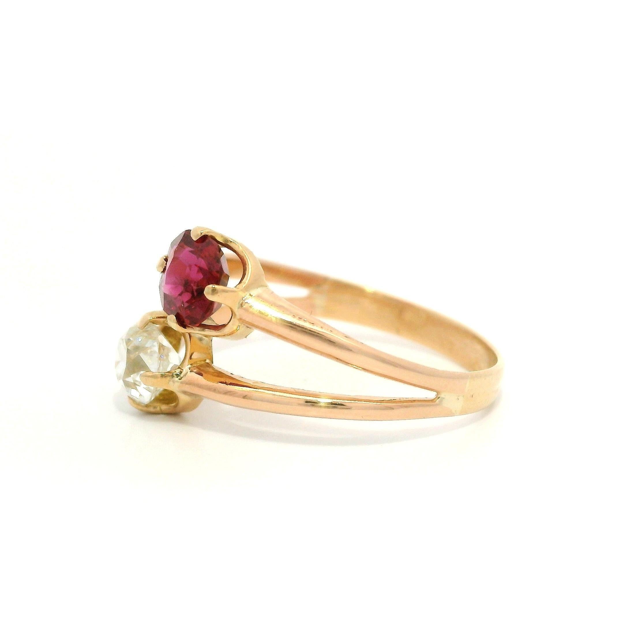Antique Victorian Rosy Gold AGL No Heat Ruby & GIA Old Mine Diamond Bypass Ring For Sale 3