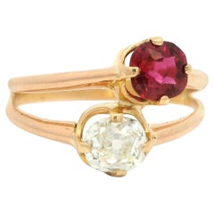 Antique Victorian Rosy Gold AGL No Heat Ruby & GIA Old Mine Diamond Bypass Ring