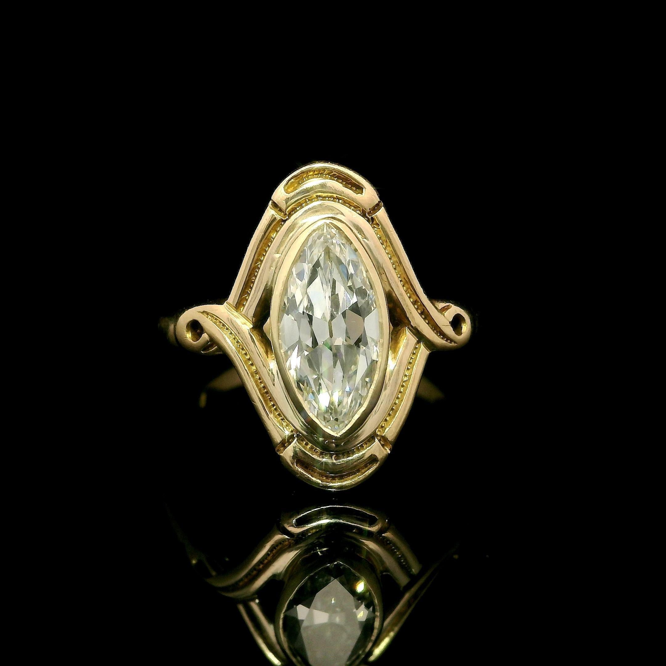 Anillo solitario con bisel de diamantes marquesa antiguos de oro rosa victoriano GIA .97ct en venta 9