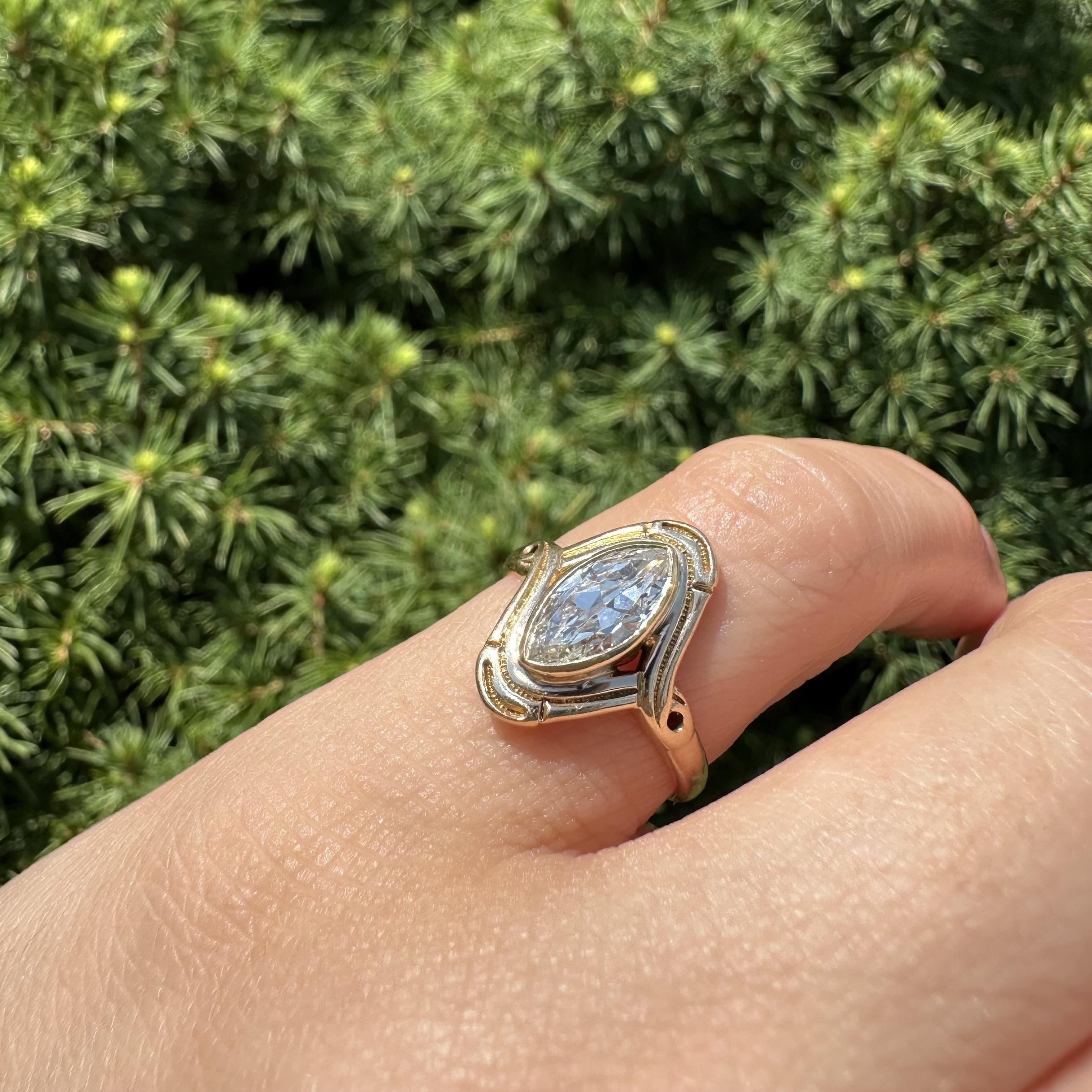 Anillo solitario con bisel de diamantes marquesa antiguos de oro rosa victoriano GIA .97ct en venta 10