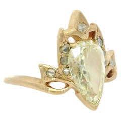 Antique Victorian Rosy Yellow Gold GIA 1.31ct Old Pear Cut Diamond Tiara Ring