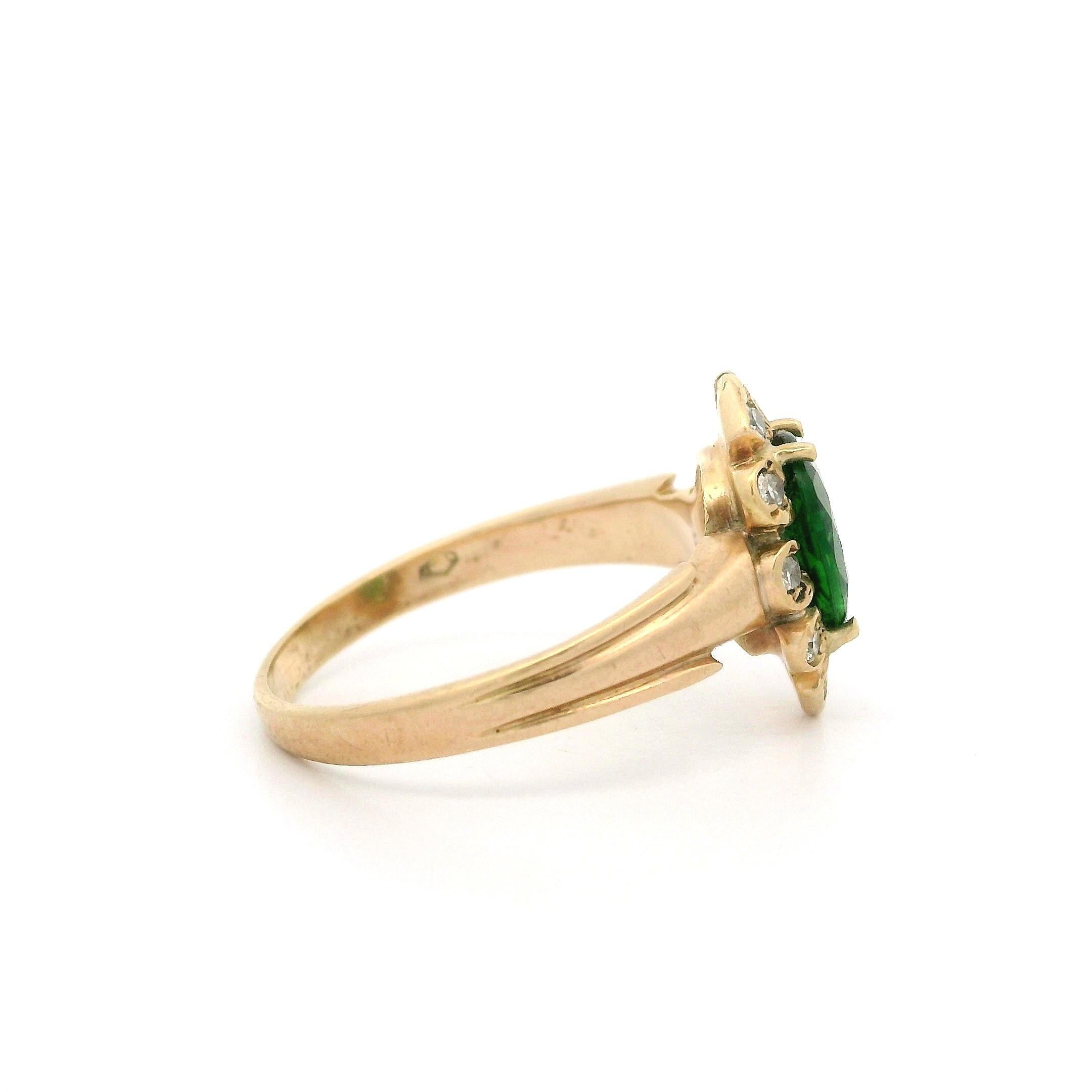Oval Cut Antique Victorian Rosy Yellow Gold Green Tsavorite Garnet & Diamond Halo Ring For Sale