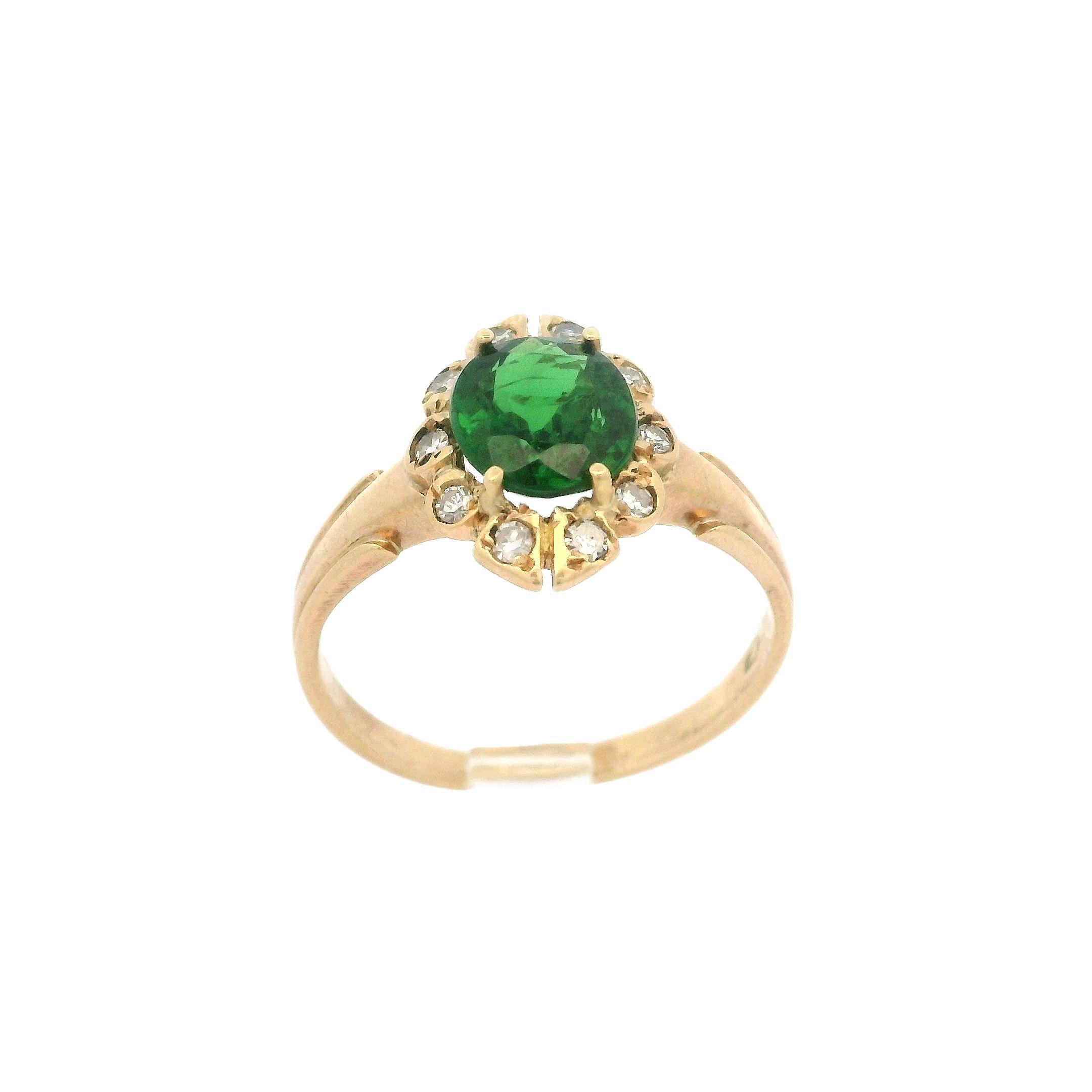 Women's Antique Victorian Rosy Yellow Gold Green Tsavorite Garnet & Diamond Halo Ring For Sale