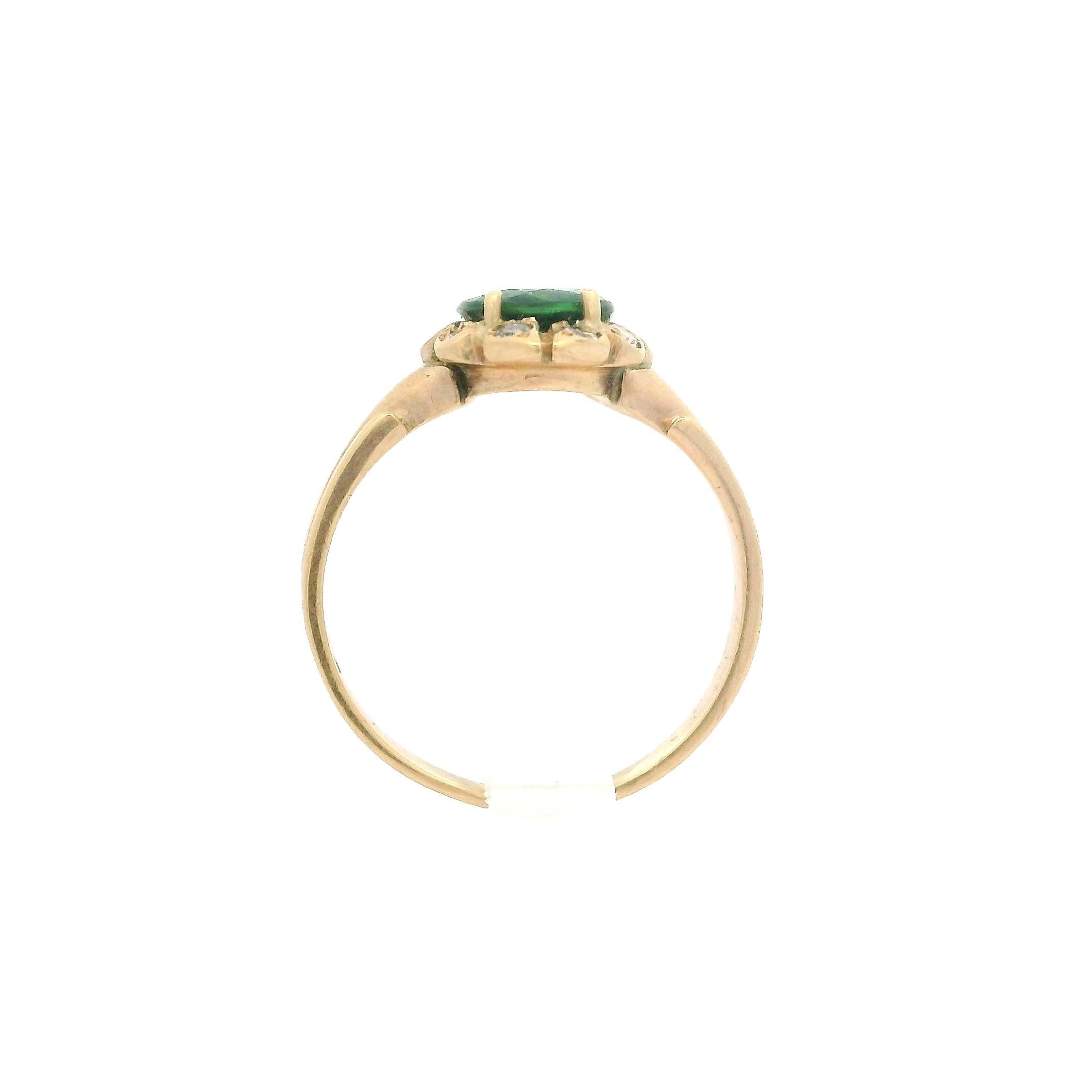 Antique Victorian Rosy Yellow Gold Green Tsavorite Garnet & Diamond Halo Ring For Sale 1