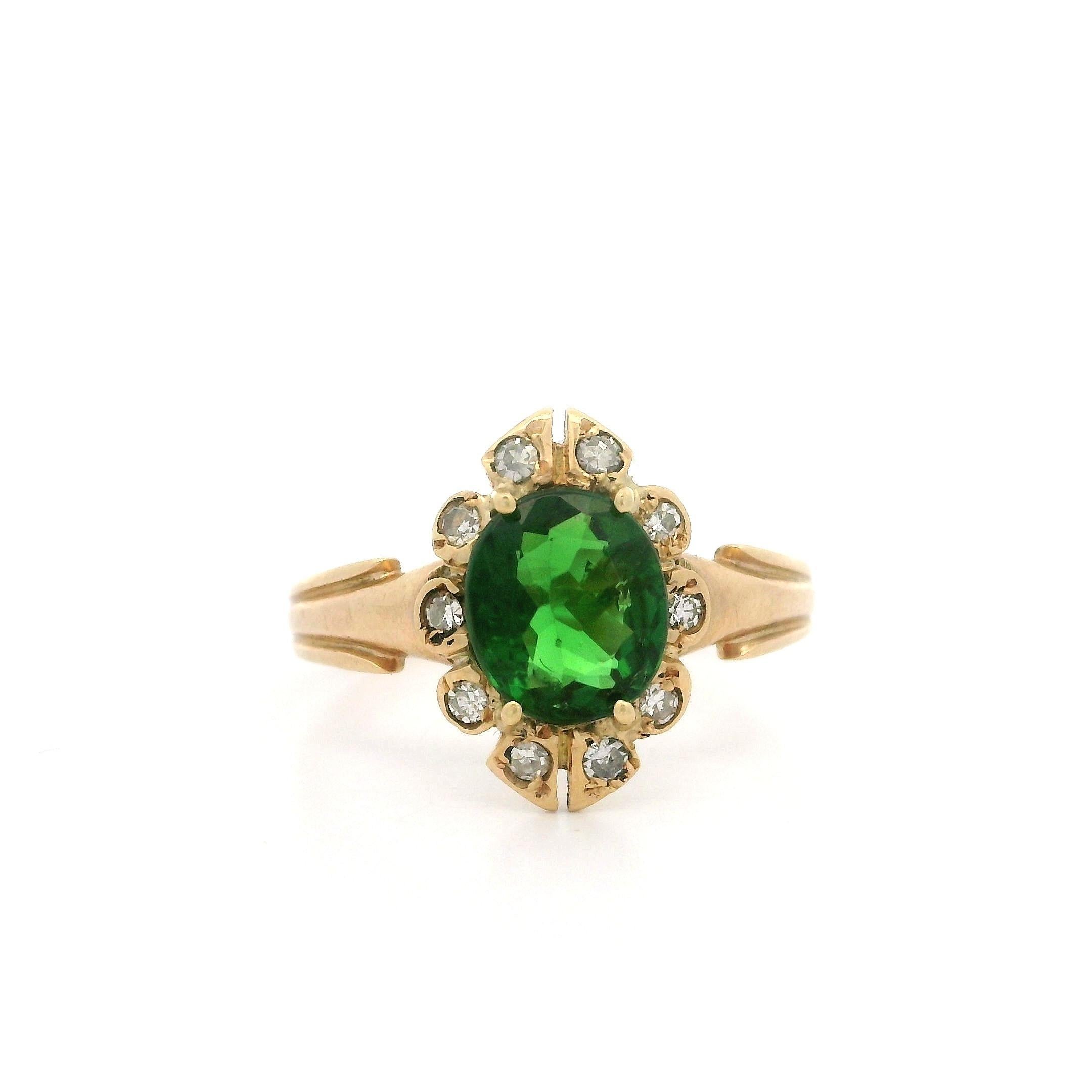 Antique Victorian Rosy Yellow Gold Green Tsavorite Garnet & Diamond Halo Ring For Sale 4
