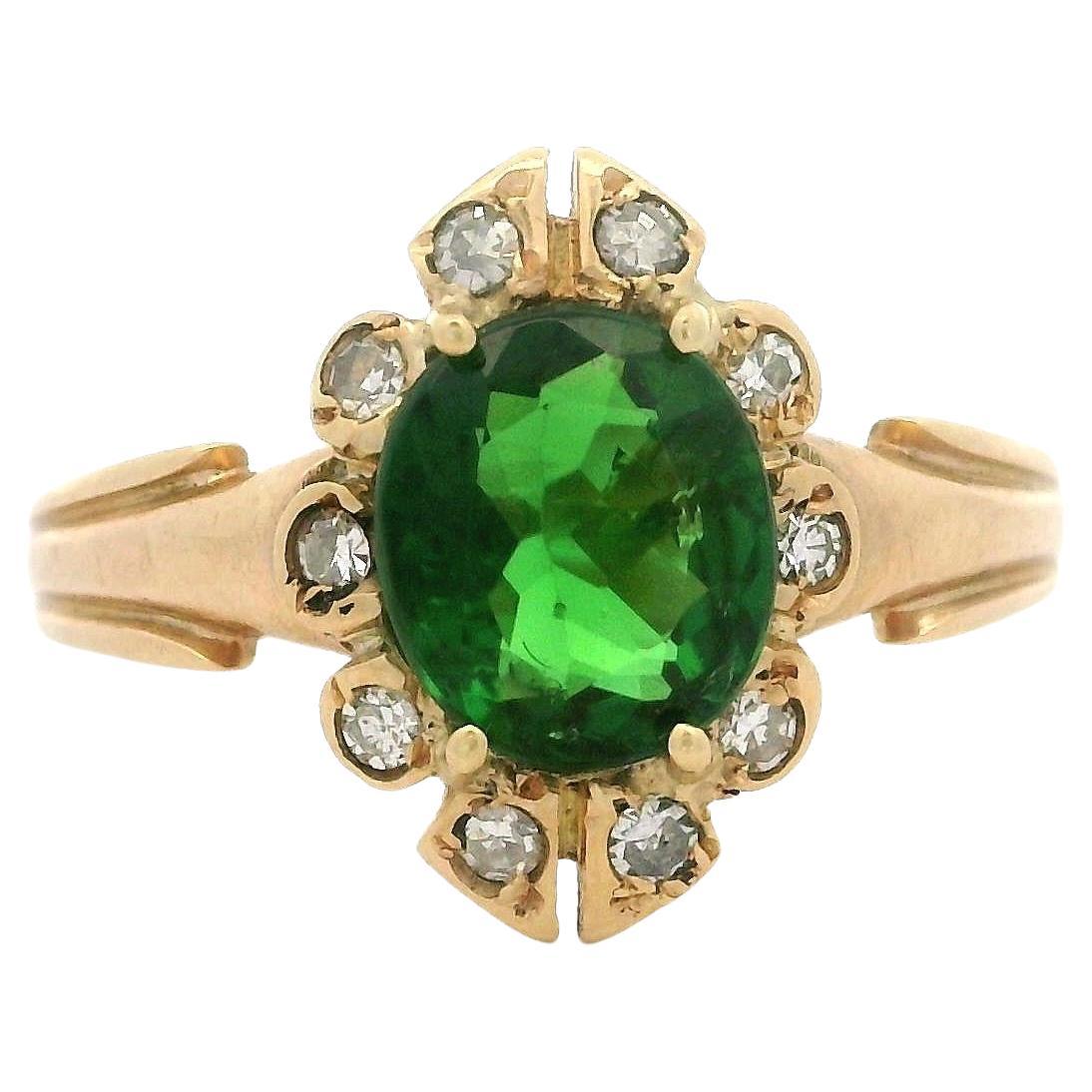 Antique Victorian Rosy Yellow Gold Green Tsavorite Garnet & Diamond Halo Ring For Sale