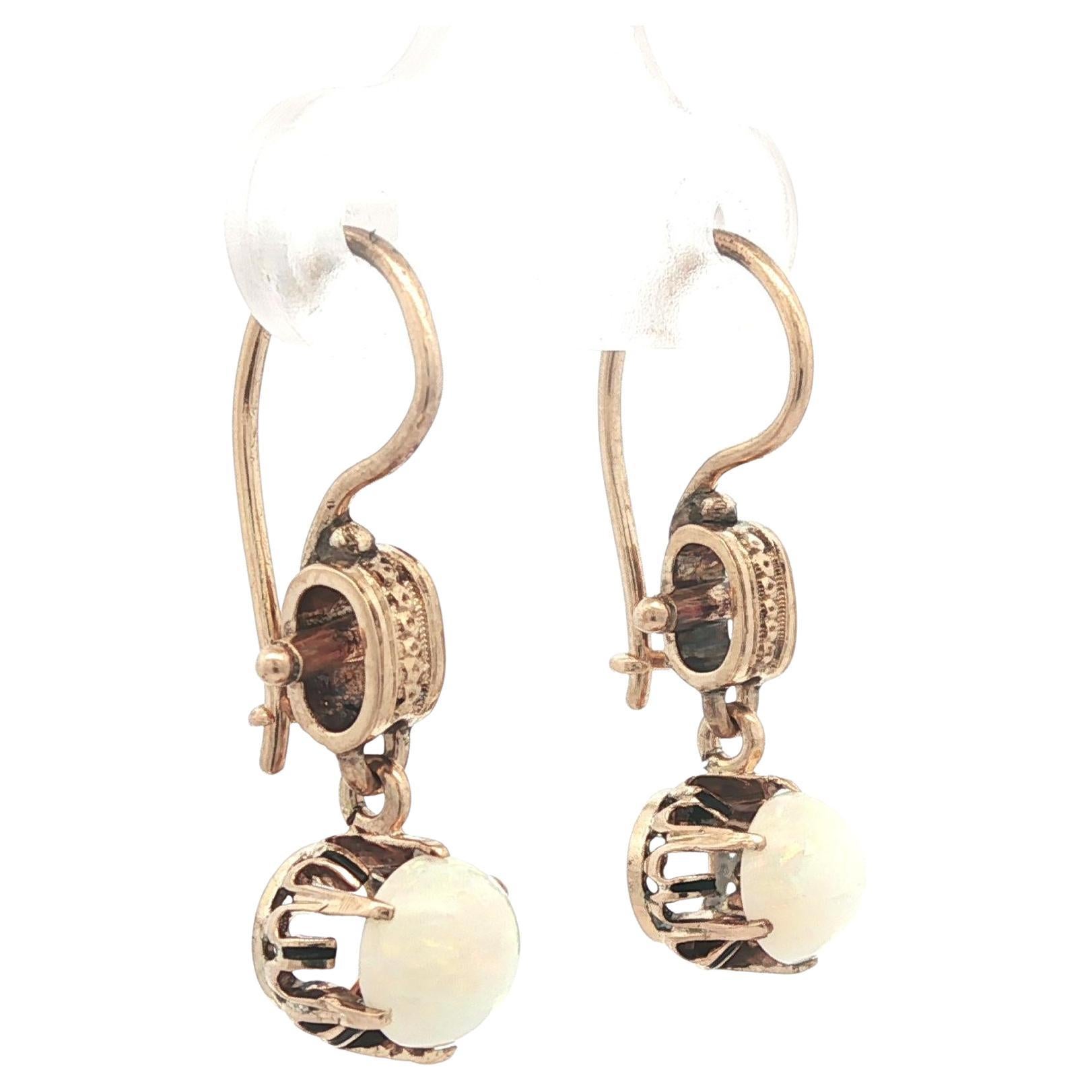 Antique Victorian Rosy Yellow Gold Opal Drop Dangle Hook Earrings