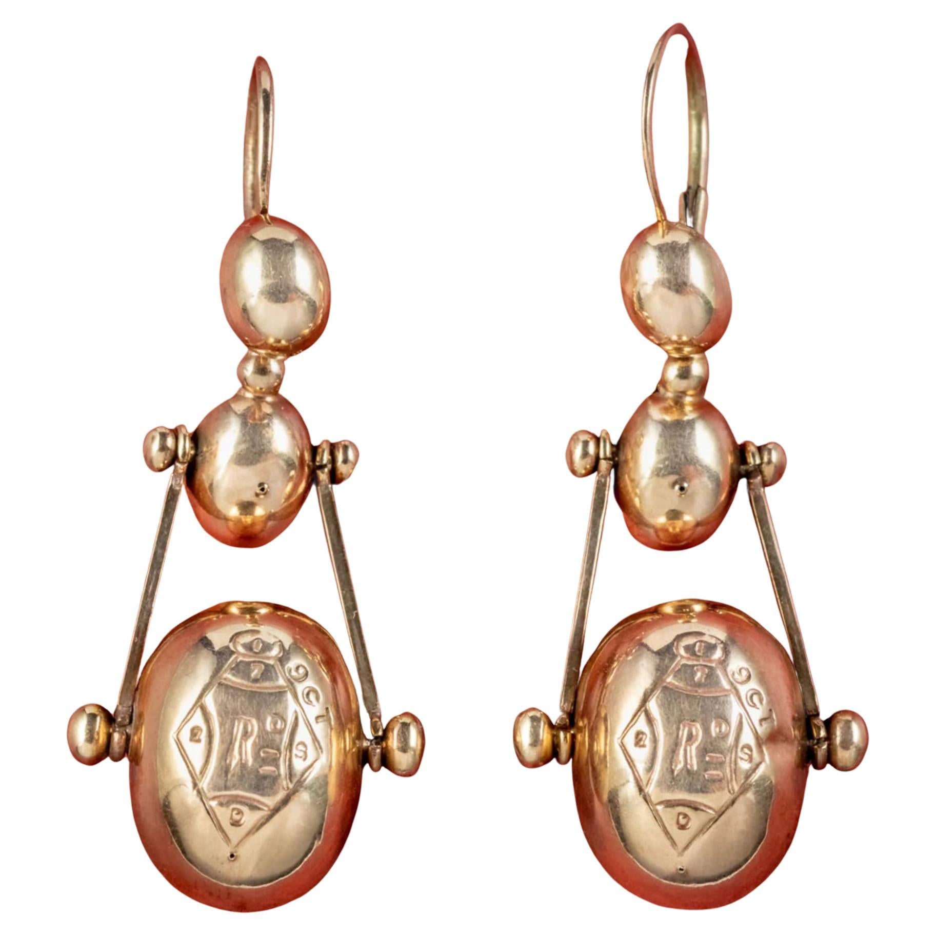 Antique Victorian Rotating Drop Earrings in 9 Carat Gold, Dated 1875