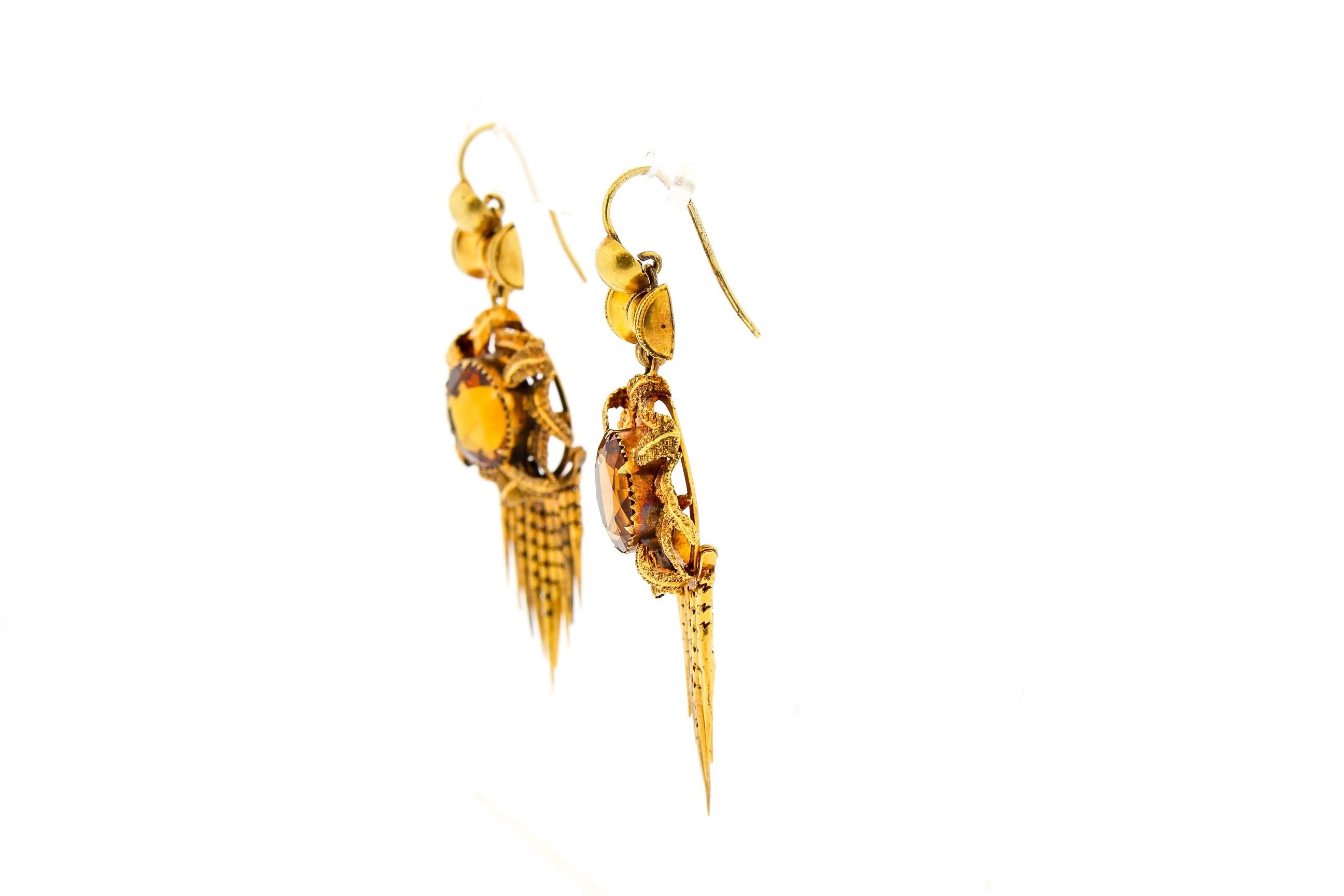 Antique Victorian Round Citrine 14 Karat Gold Fringe Pendant Earrings In Good Condition In New York, NY