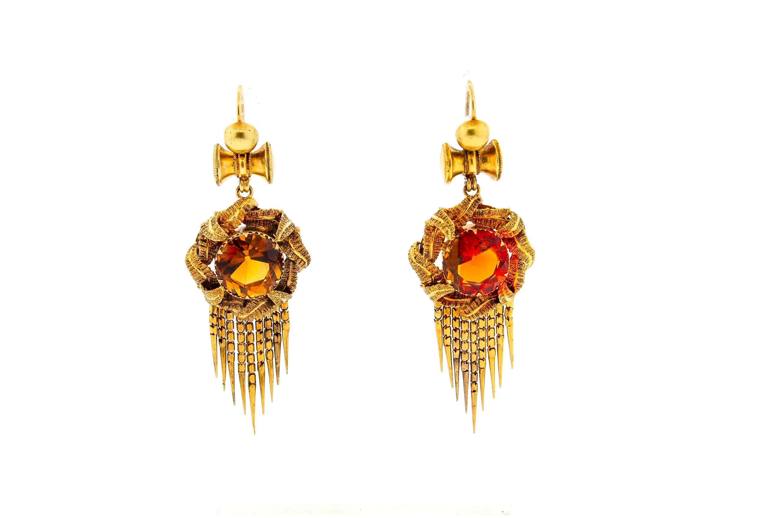 Women's or Men's Antique Victorian Round Citrine 14 Karat Gold Fringe Pendant Earrings